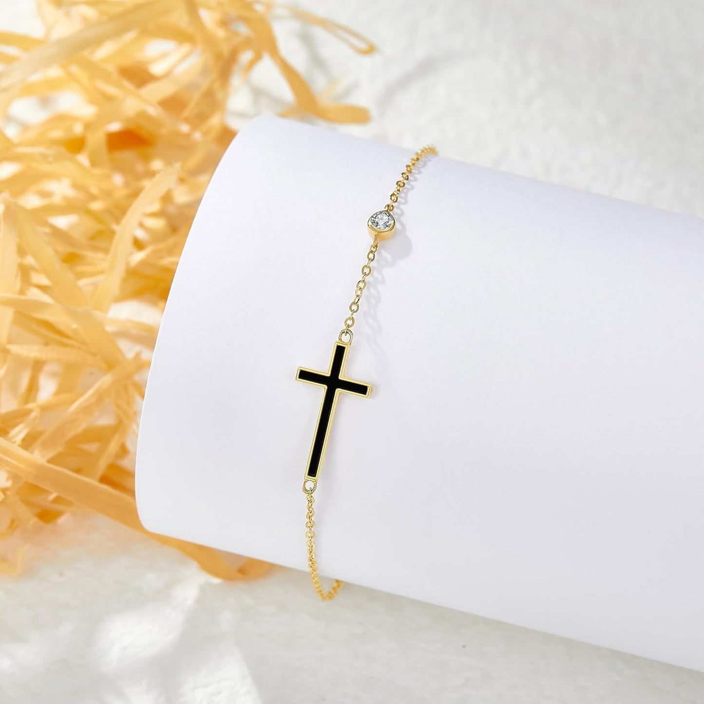 14k Gold Cross Bracelet With Black Enamel And Lab Diamond Accent