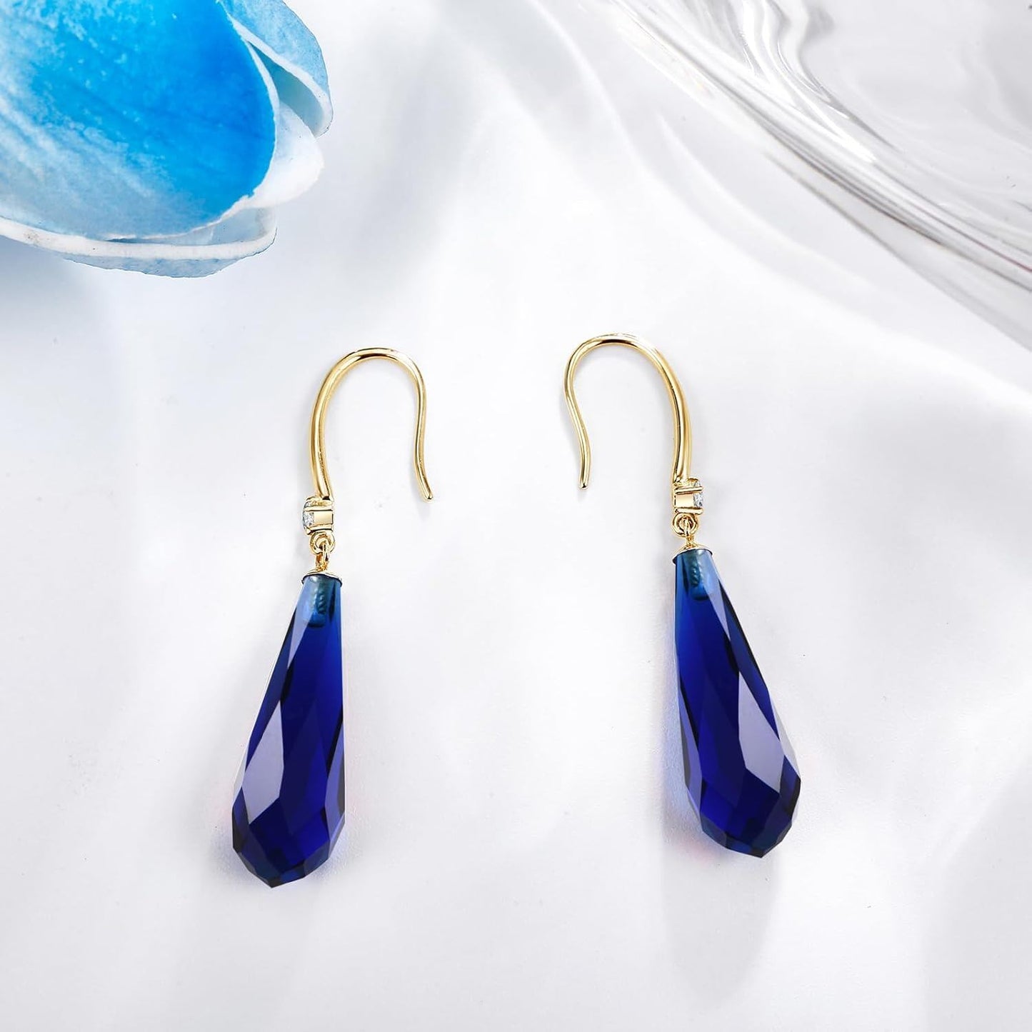 14K Gold Teardrop Shape Stone Drop Earring Wholesale with Blue Crystal and Diamond Accent for Women's Fashion Jewelry
