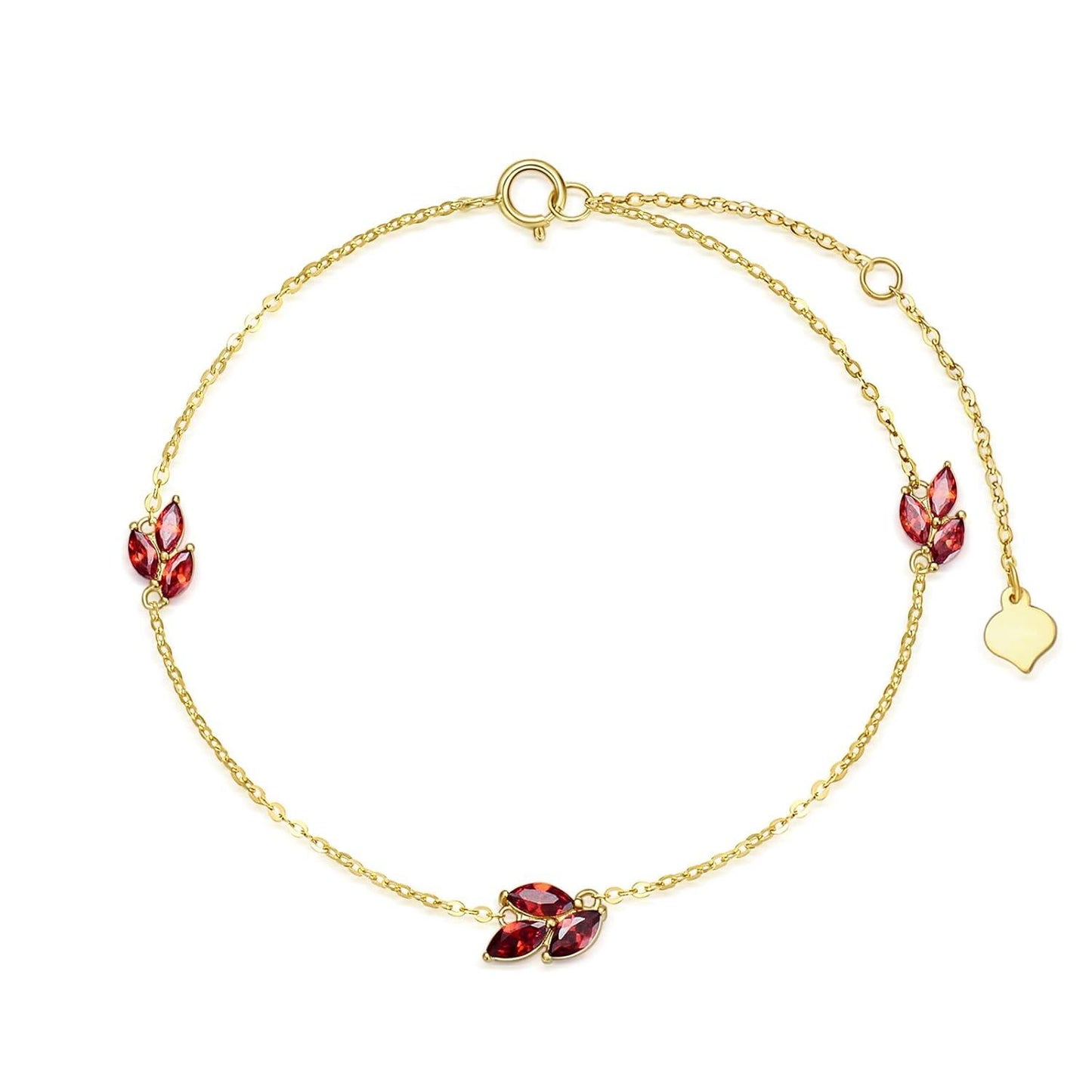 14K Gold Red Crystal Leaves Charm Bracelet