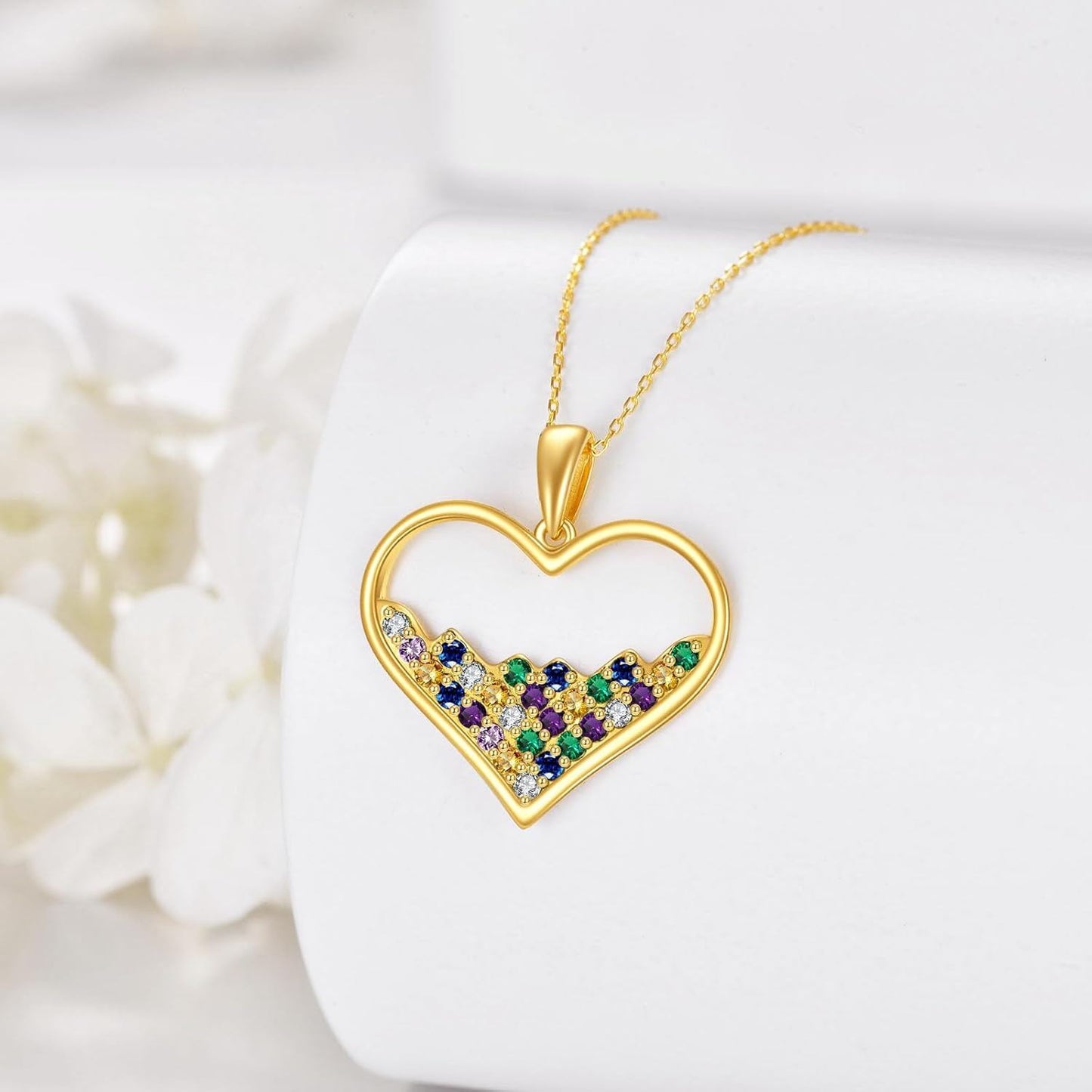 10K Gold Rainbow Crystal Heart Pendant Necklace