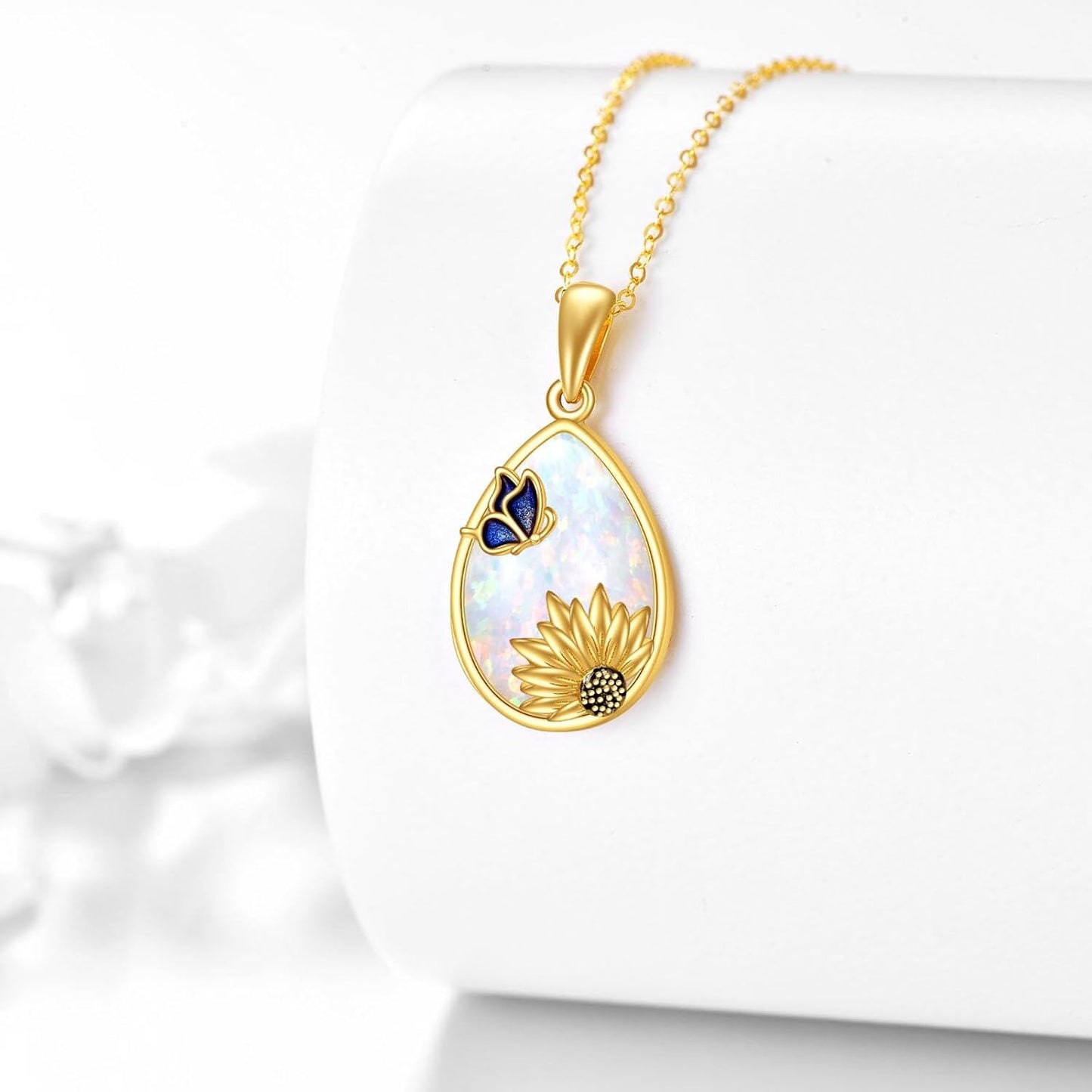 Collar de oro real de 14 quilates con colgante de mariposa y girasol de ópalo, hipoalergénico, regalo para mujer