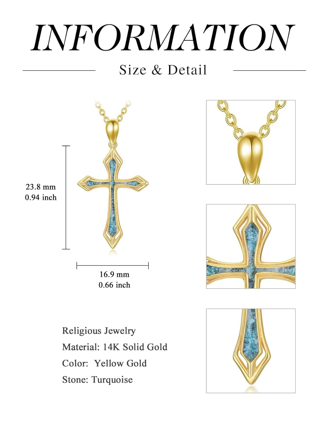14K Gold Turquoise Inlay Cross Pendant Necklace