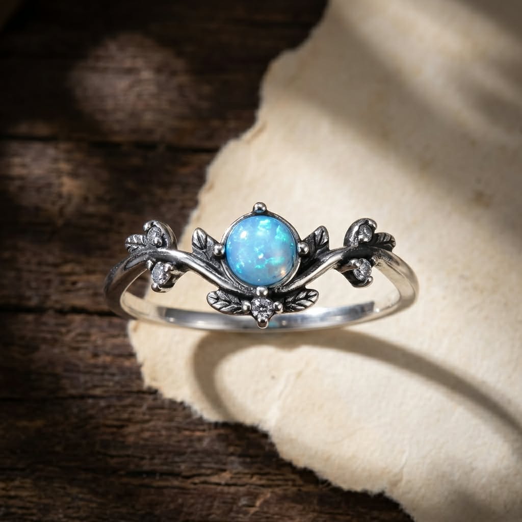 Anillo de hoja de plata de ley con circonita cúbica y ópalo de imitación