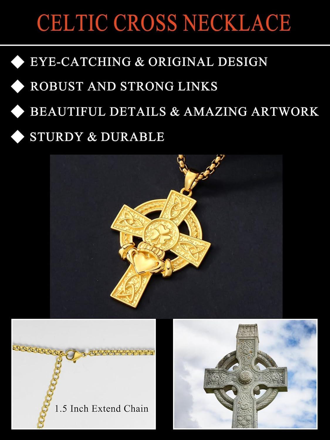 925 Sterling Silver Celtic Knot Trinity Shamrock Cross Pendant Necklace  with Stainless Steel Chain for Men & Women -