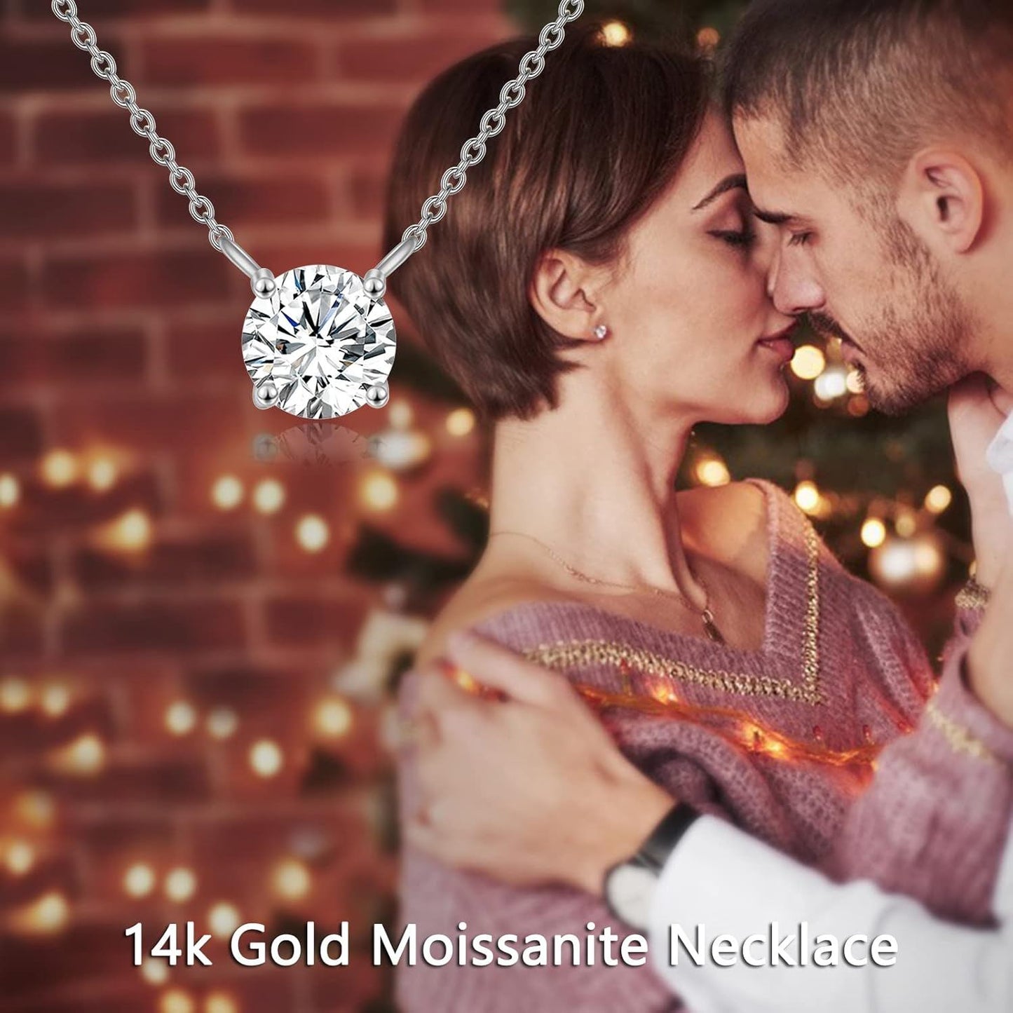 Collar con colgante solitario de moissanita redonda de oro rosa de 14K, 0,5-2 ct, cadena de 16+2