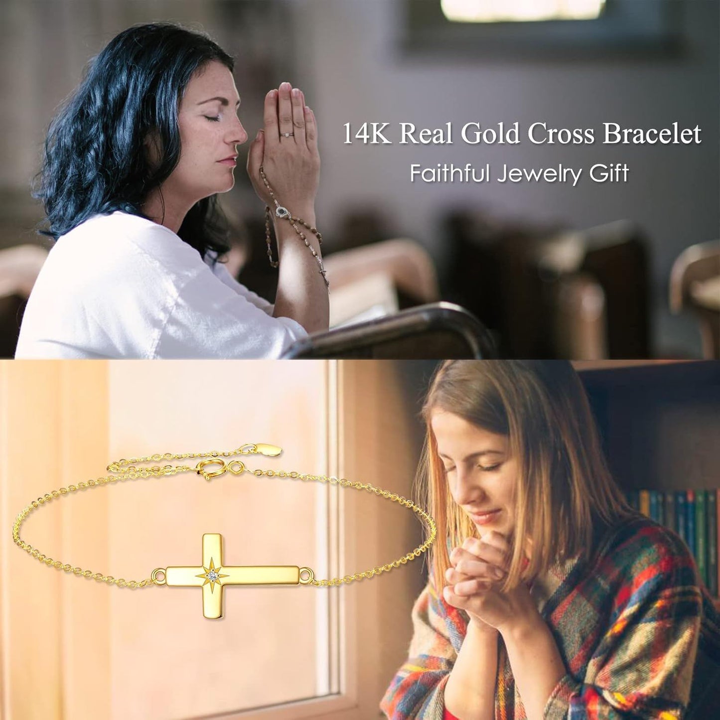 Pulsera de eslabones de cadena con cruz de perlas de oro de 14 quilates