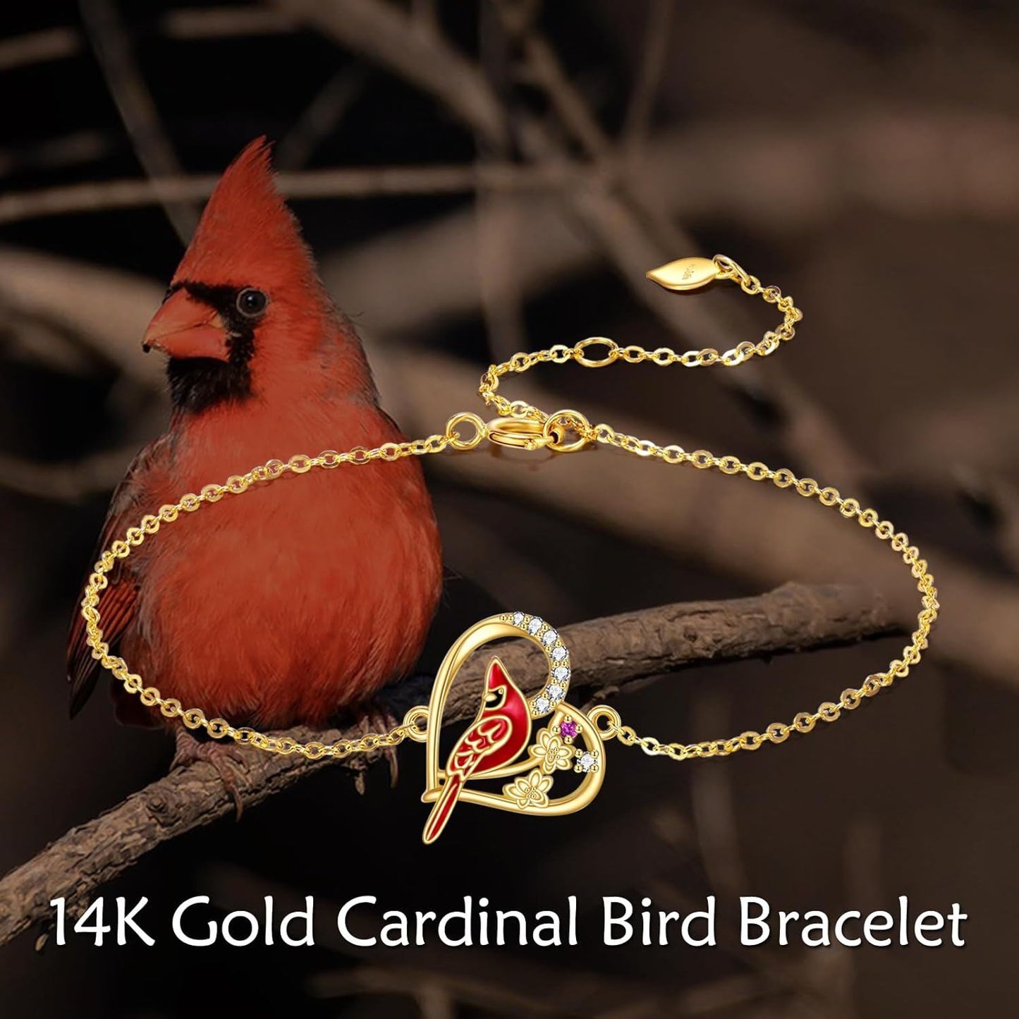 Pulsera con dije de corazón cardenal de oro de 14 quilates