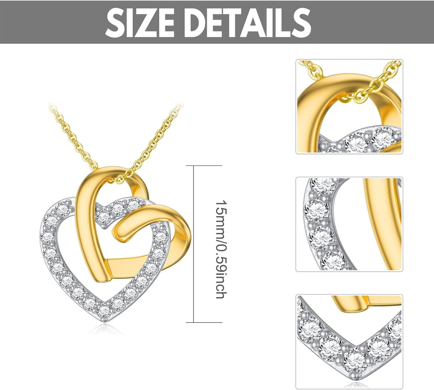 18K Rose & White Gold Double Heart Diamond Pendant Necklaces