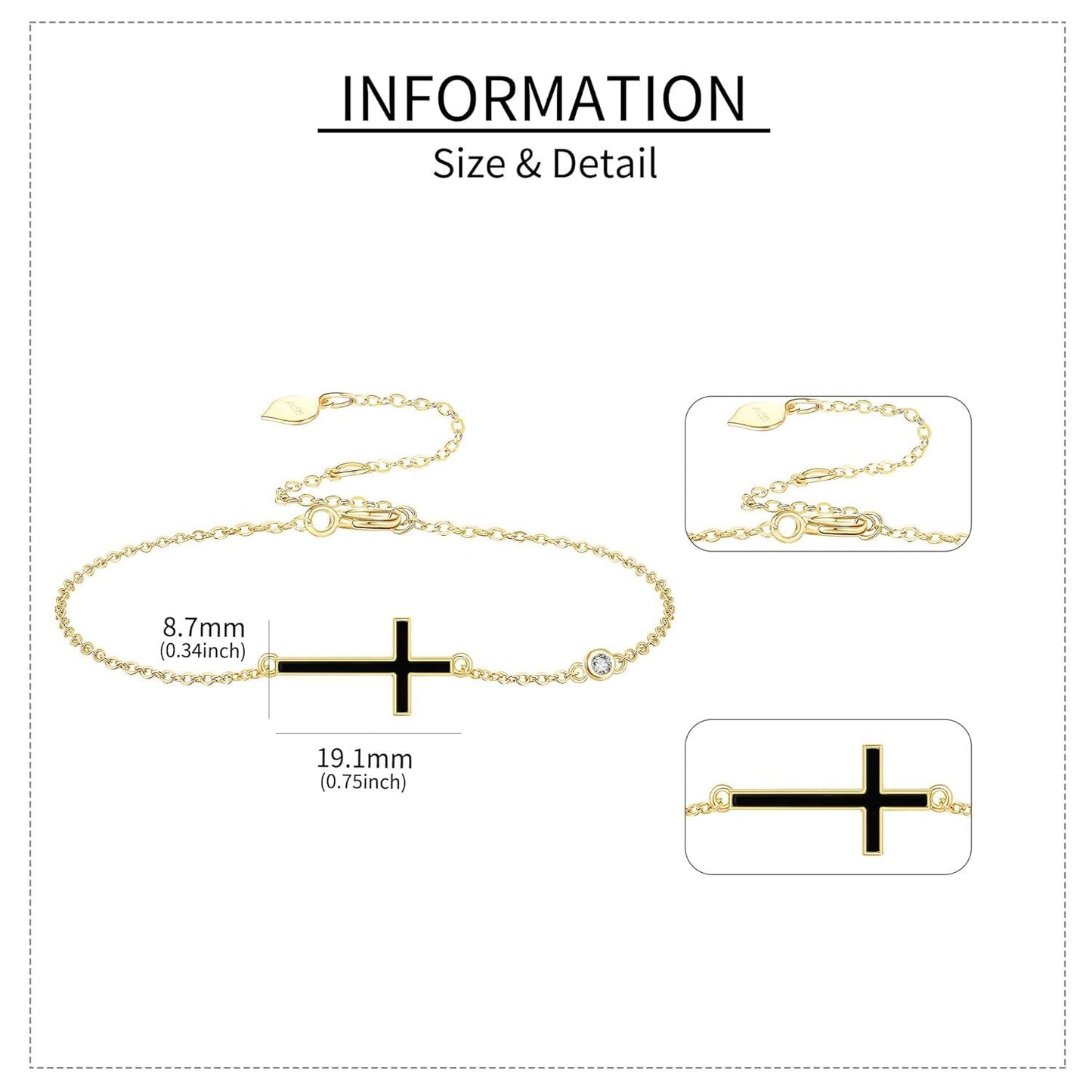 14k Gold Cross Bracelet With Black Enamel And Lab Diamond Accent