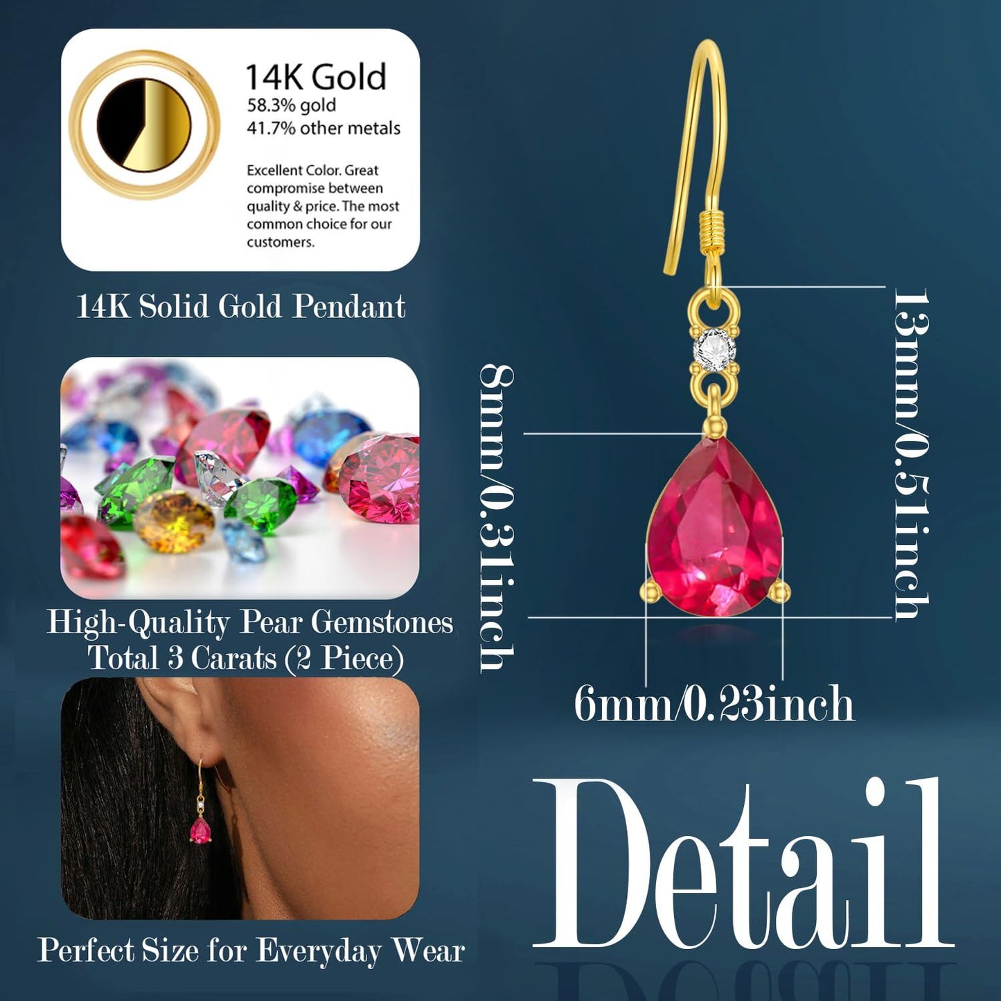 Pendientes colgantes de oro de 14 quilates con gema artificial talla pera de 3 quilates y piedra de nacimiento