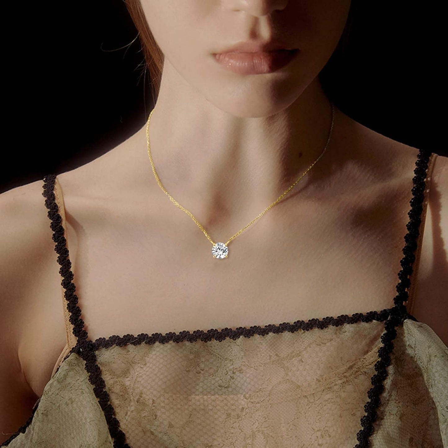 Collar con colgante solitario de moissanita redonda de oro rosa de 14K, 0,5-2 ct, cadena de 16+2