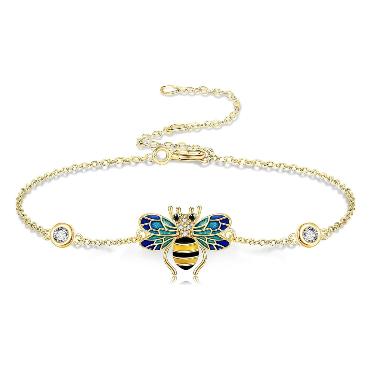 14k Gold Bee Bracelet With Blue Enamel Wings And Lab Diamond Accents