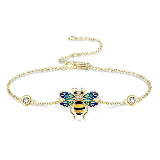 14k Gold Bee Bracelet With Blue Enamel Wings And Lab Diamond Accents