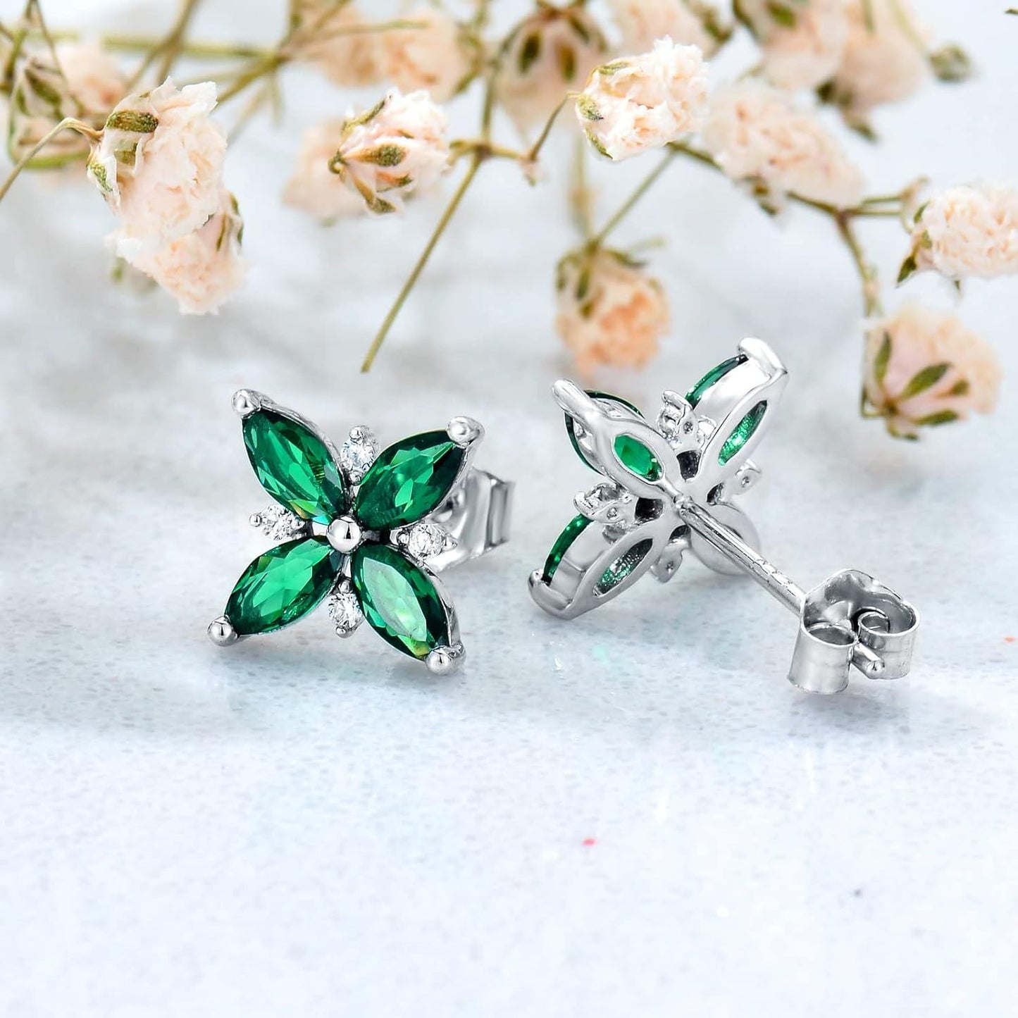 Pendientes de oro blanco de 14 quilates con esmeraldas y circonitas para mujer, regalo