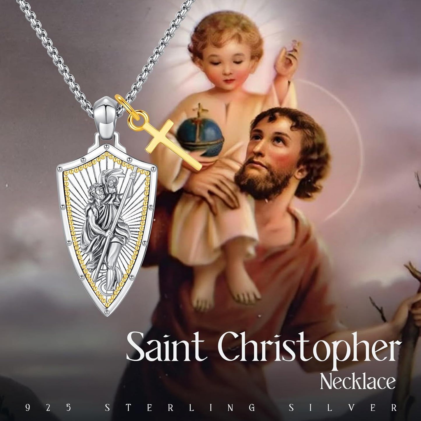 Sterling Silver Saint Michael Shield Cross Necklace for Men