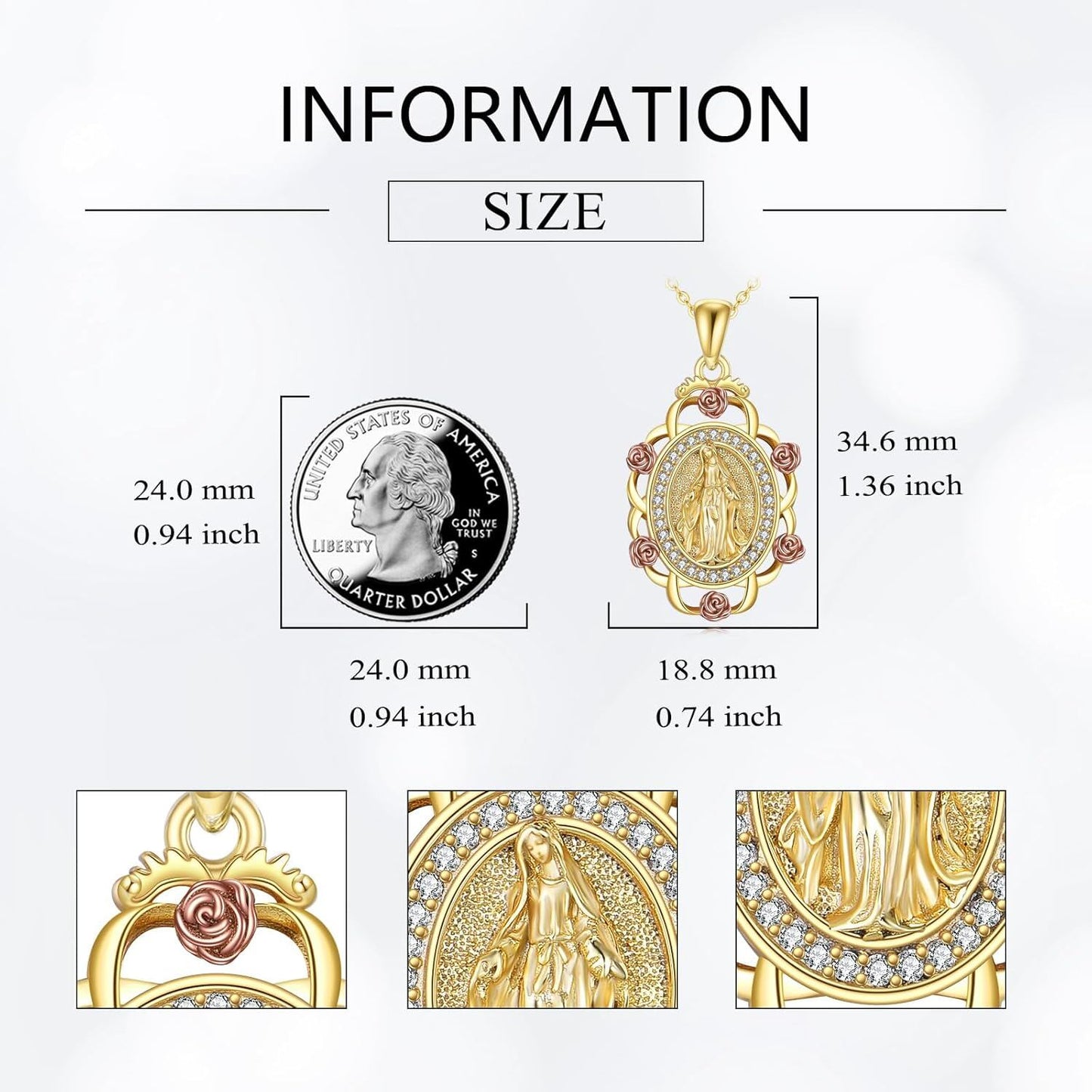 Virgin Mary Pendant Necklace | Gold 925 Sterling Silver with Cubic Zirconia | 24" Chain