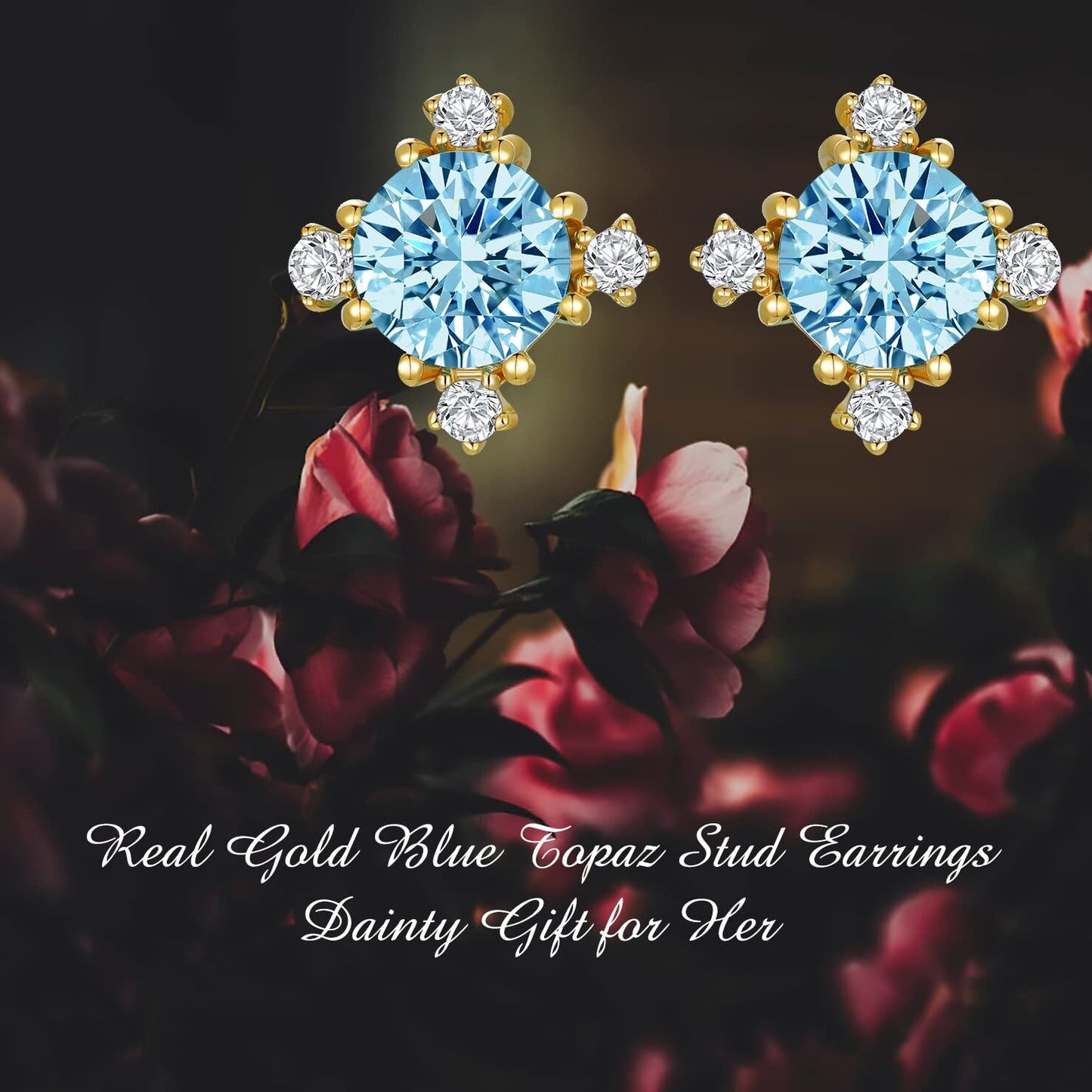 14K White Gold Blue Topaz And Cubic Zirconia Stud Earrings