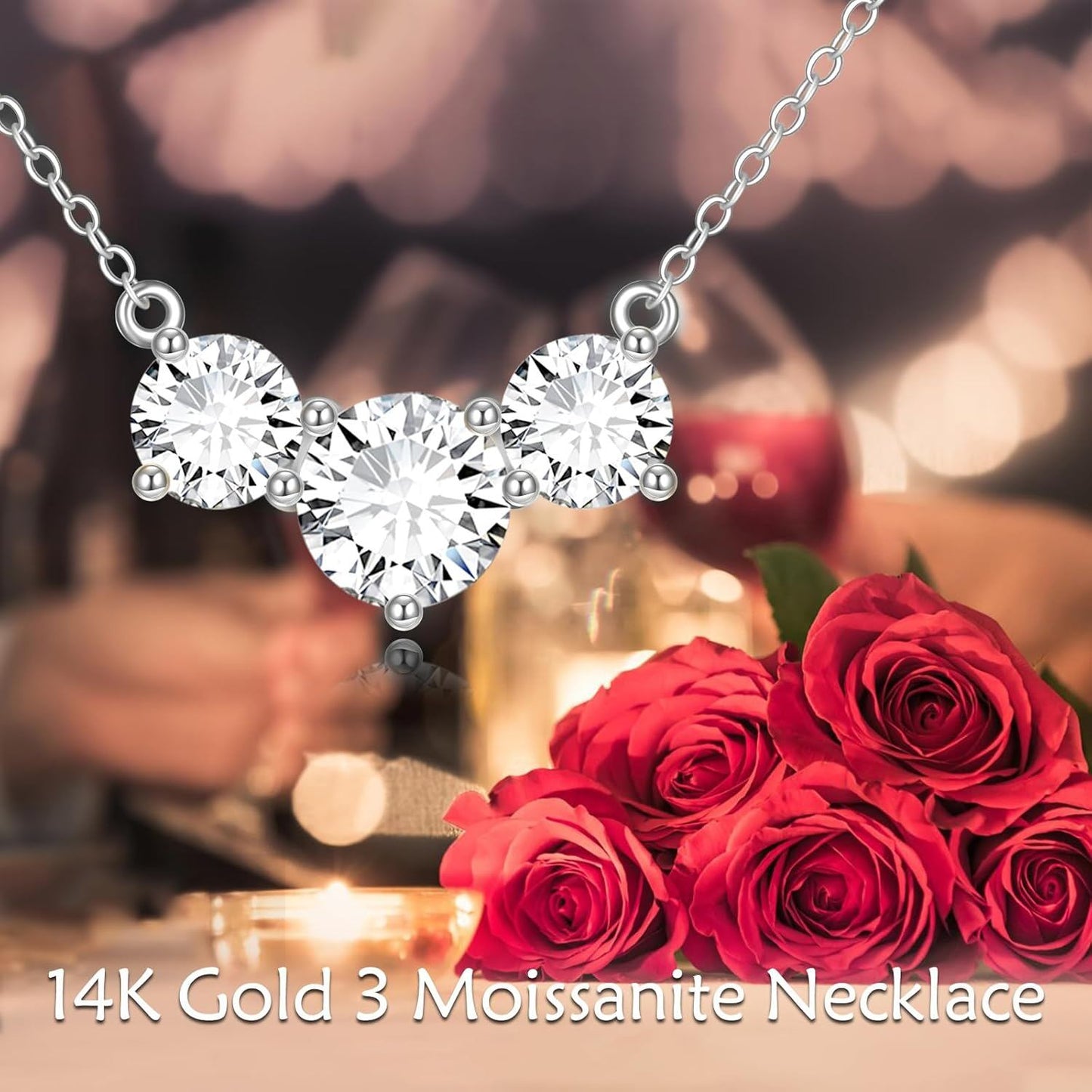 Collar con colgante de 3 piedras de moissanita de talla redonda de oro blanco de 18 quilates para mujer
