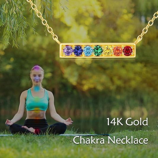 14K Gold 7 Chakras Bar Rainbow CZ Stone Pendant Necklace for Women