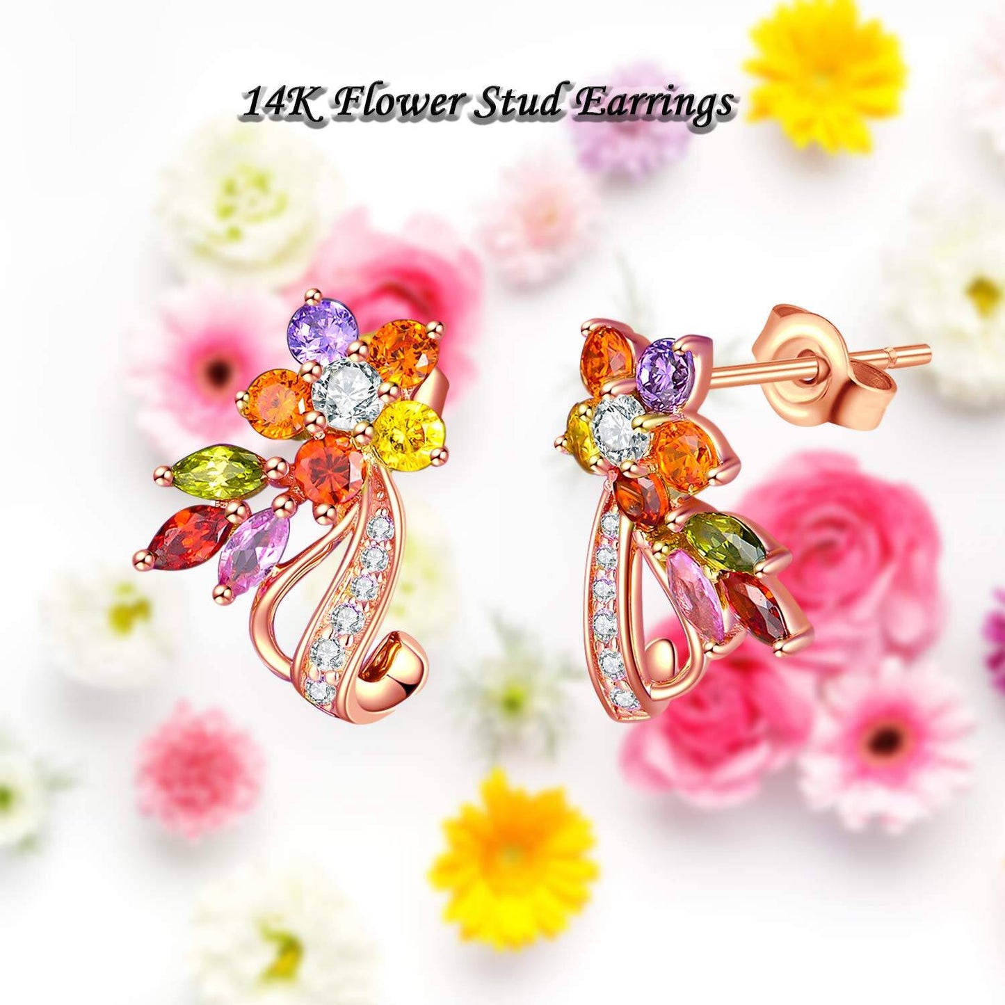 14K Rose Gold Flower Earrings With Multicolor Gemstones Moissanite And CZ