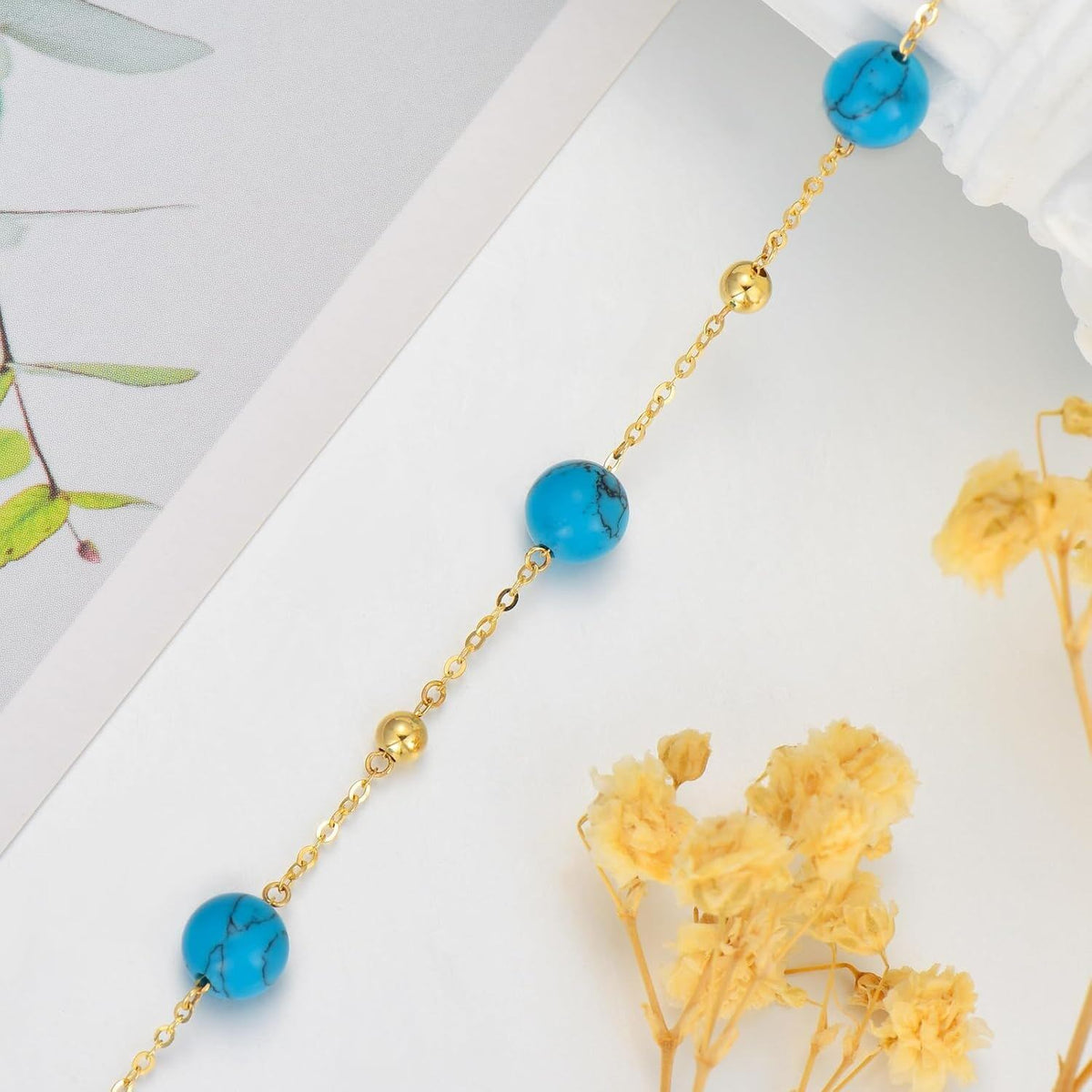 14k Gold Turquoise Round Bead Adjustable Chain Bracelet For Women