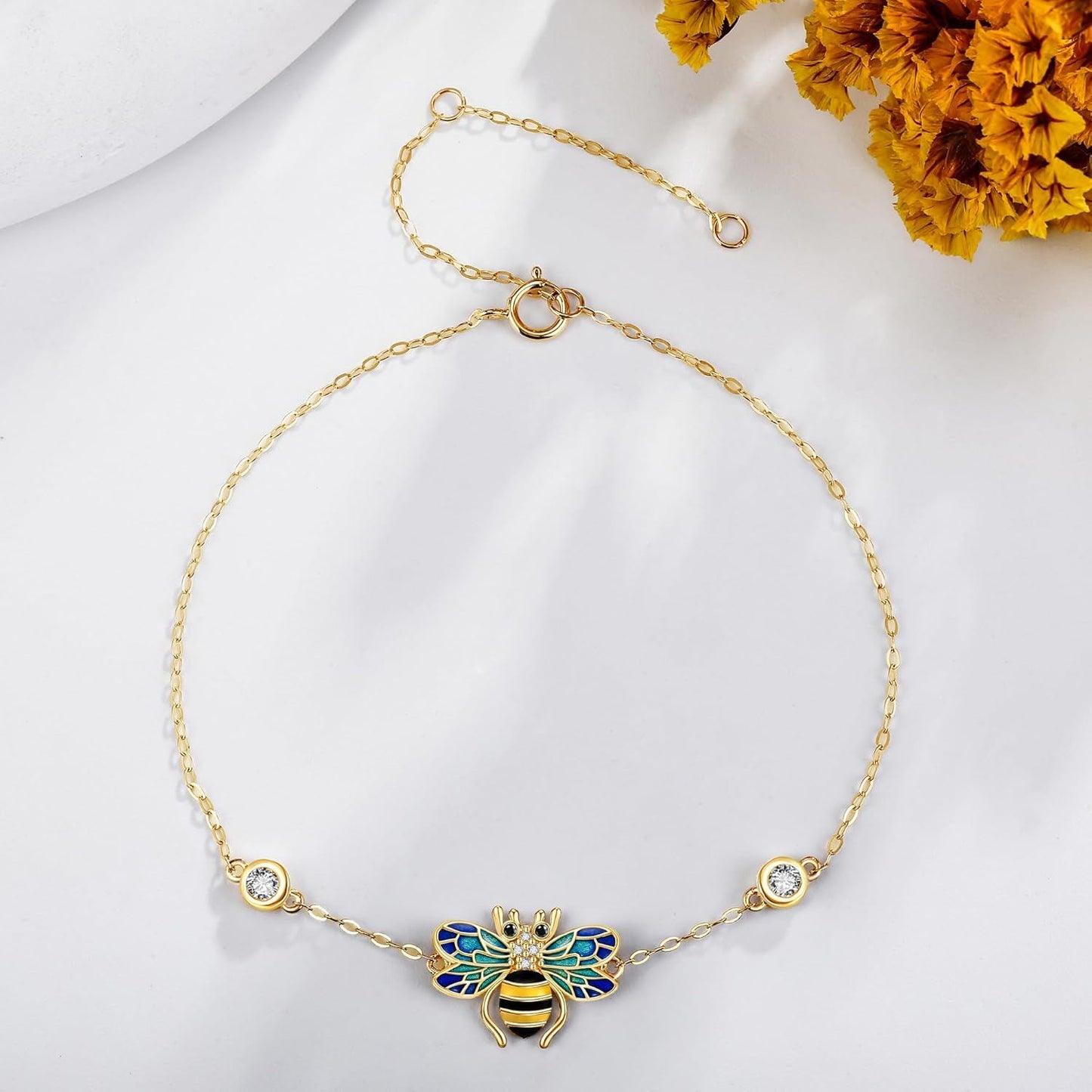 14k Gold Bee Bracelet With Blue Enamel Wings And Lab Diamond Accents