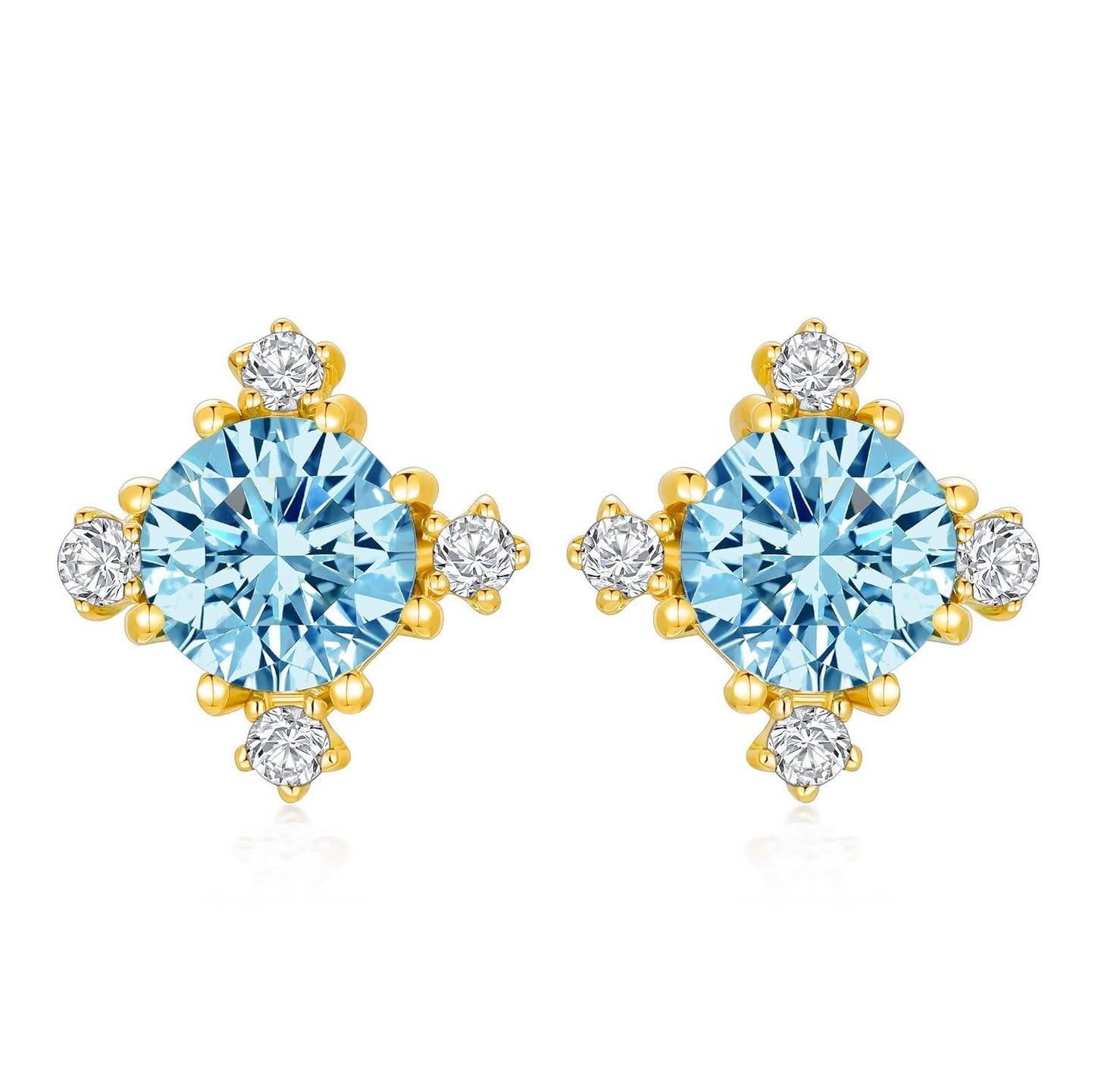 14K White Gold Blue Topaz And Cubic Zirconia Stud Earrings