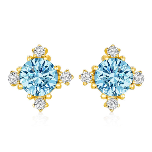 14K White Gold Blue Topaz And Cubic Zirconia Stud Earrings