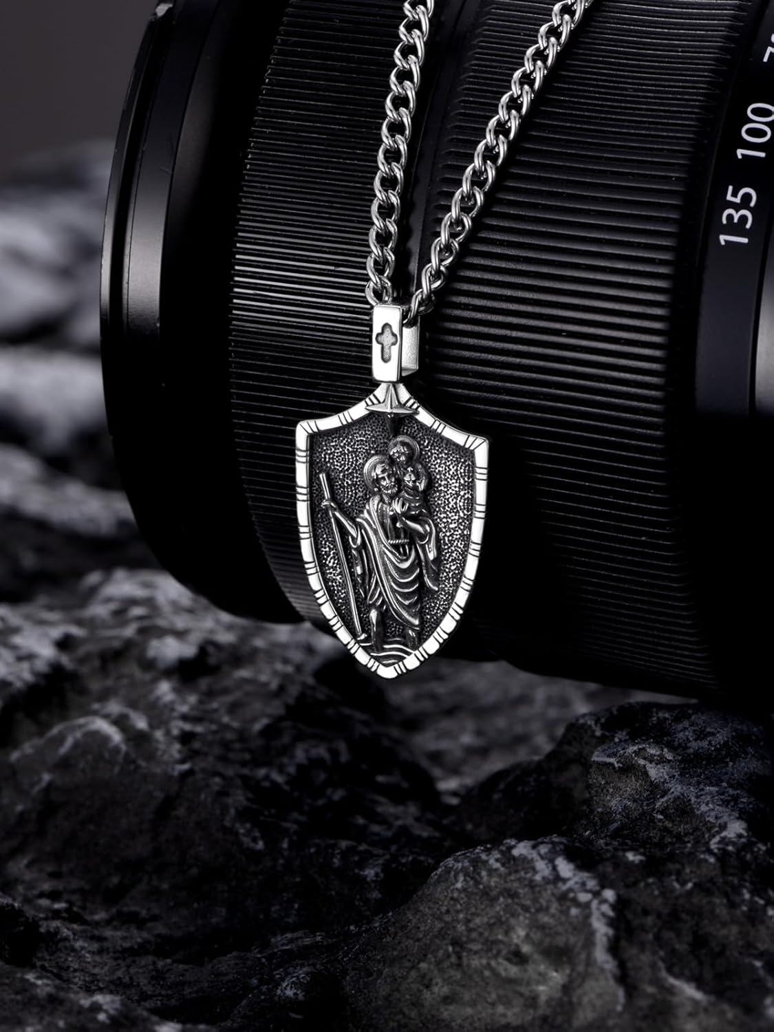 925 Sterling Silver St Christopher Shield Pendant Necklace