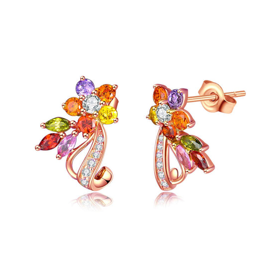 14K Rose Gold Flower Earrings With Multicolor Gemstones Moissanite And CZ