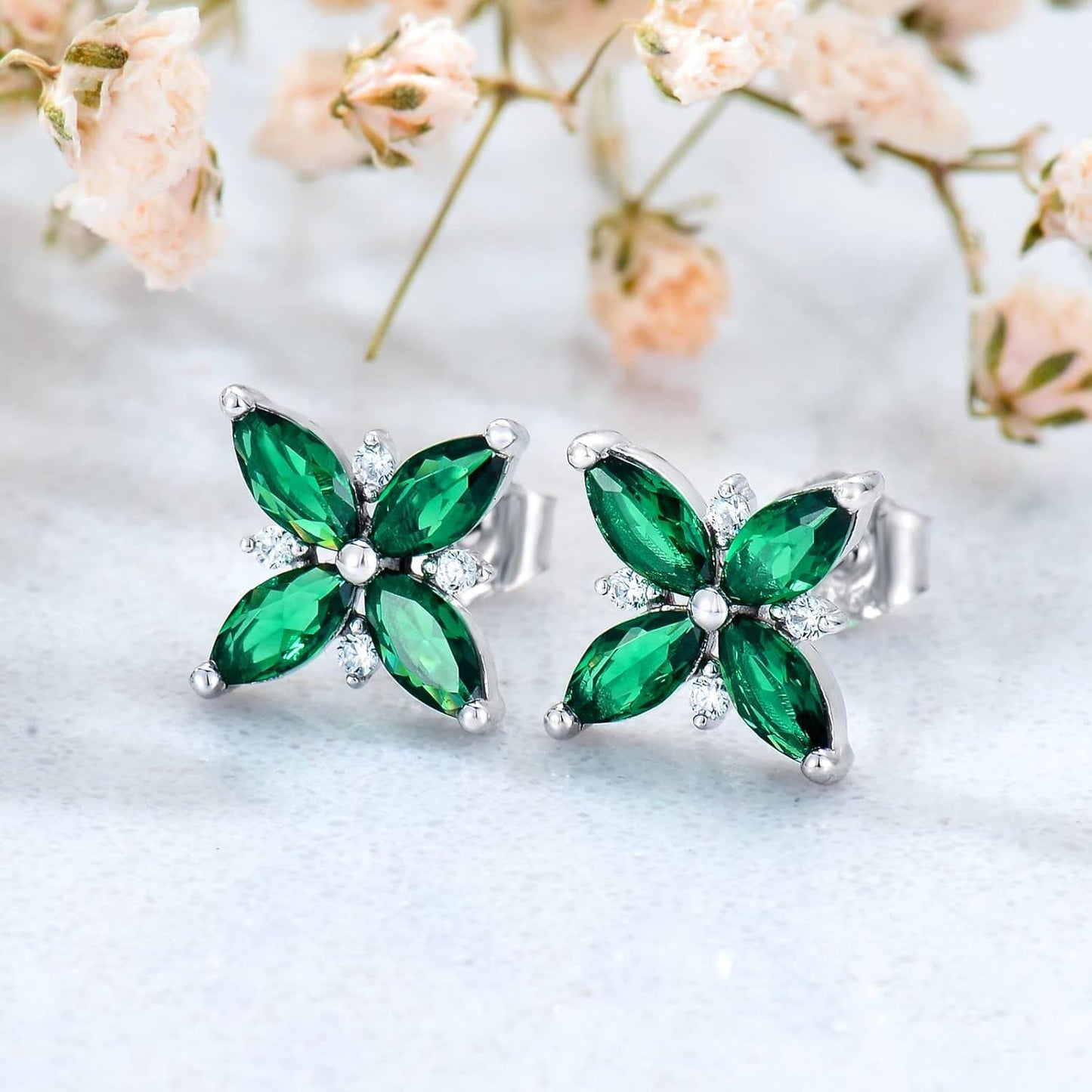 Pendientes de oro blanco de 14 quilates con esmeraldas y circonitas para mujer, regalo