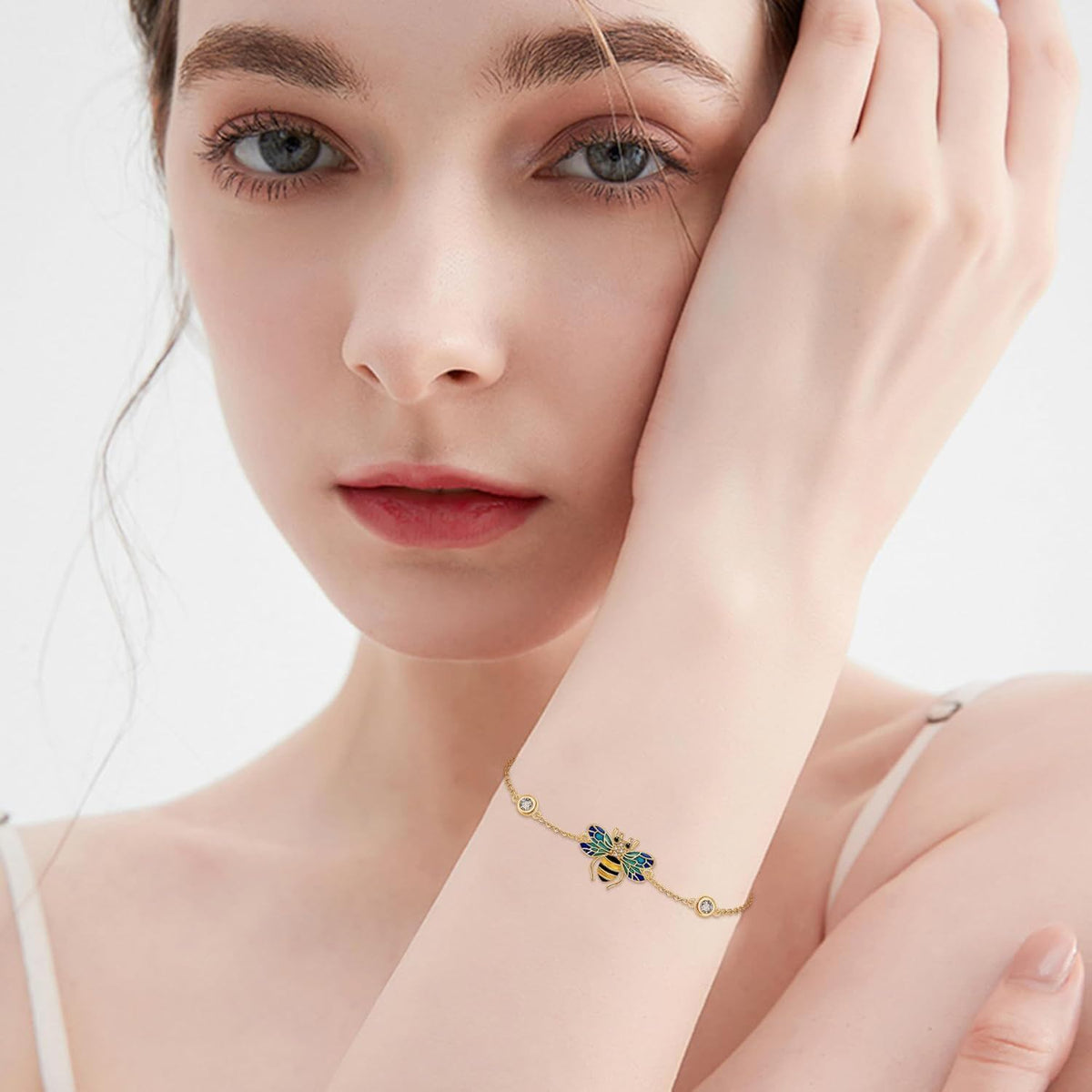 14k Gold Bee Bracelet With Blue Enamel Wings And Lab Diamond Accents
