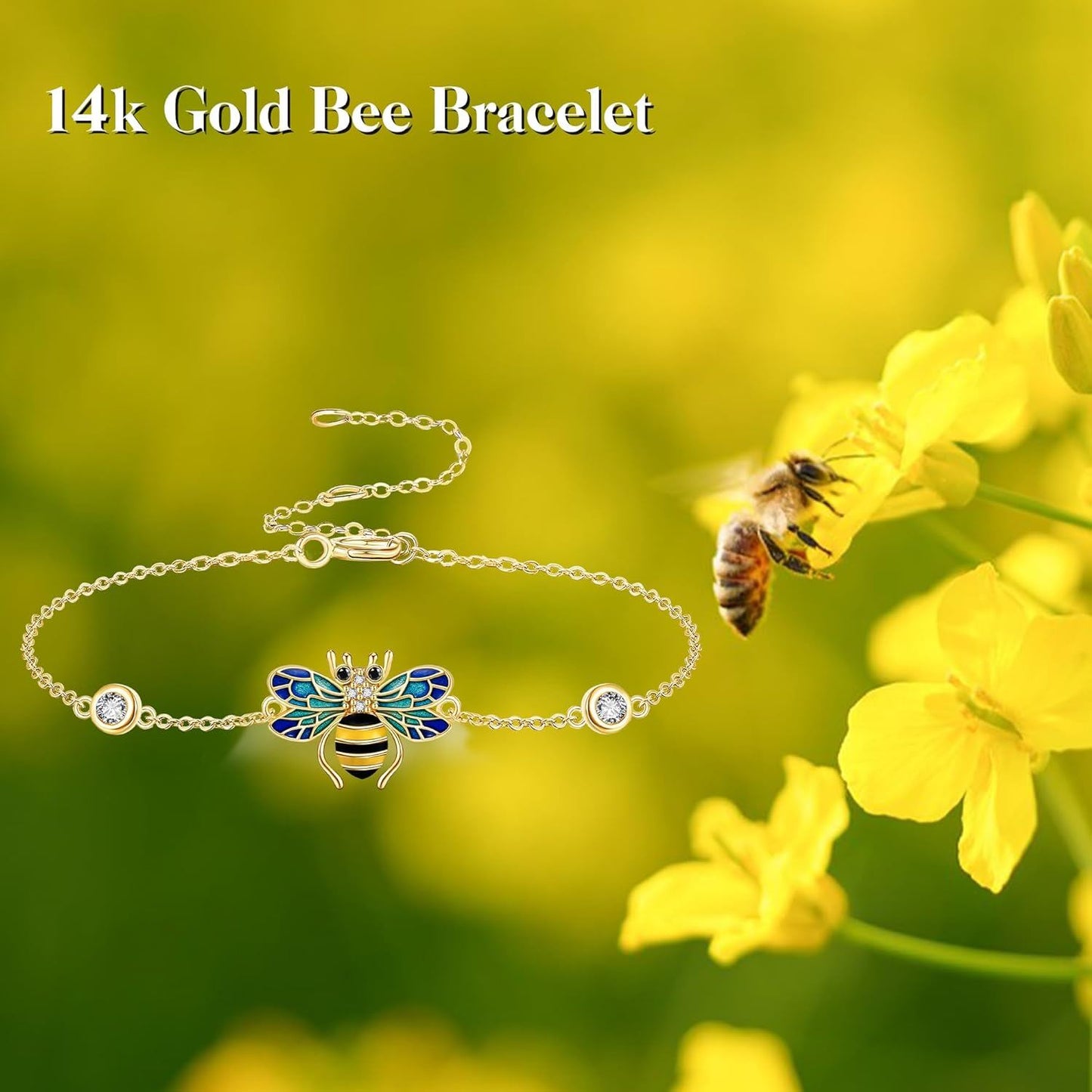 14k Gold Bee Bracelet With Blue Enamel Wings And Lab Diamond Accents