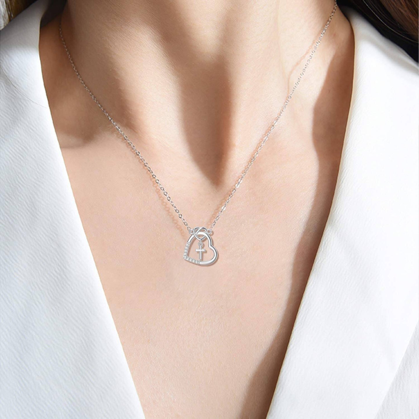 14K Gold CZ Heart with Cross Pendant Necklace