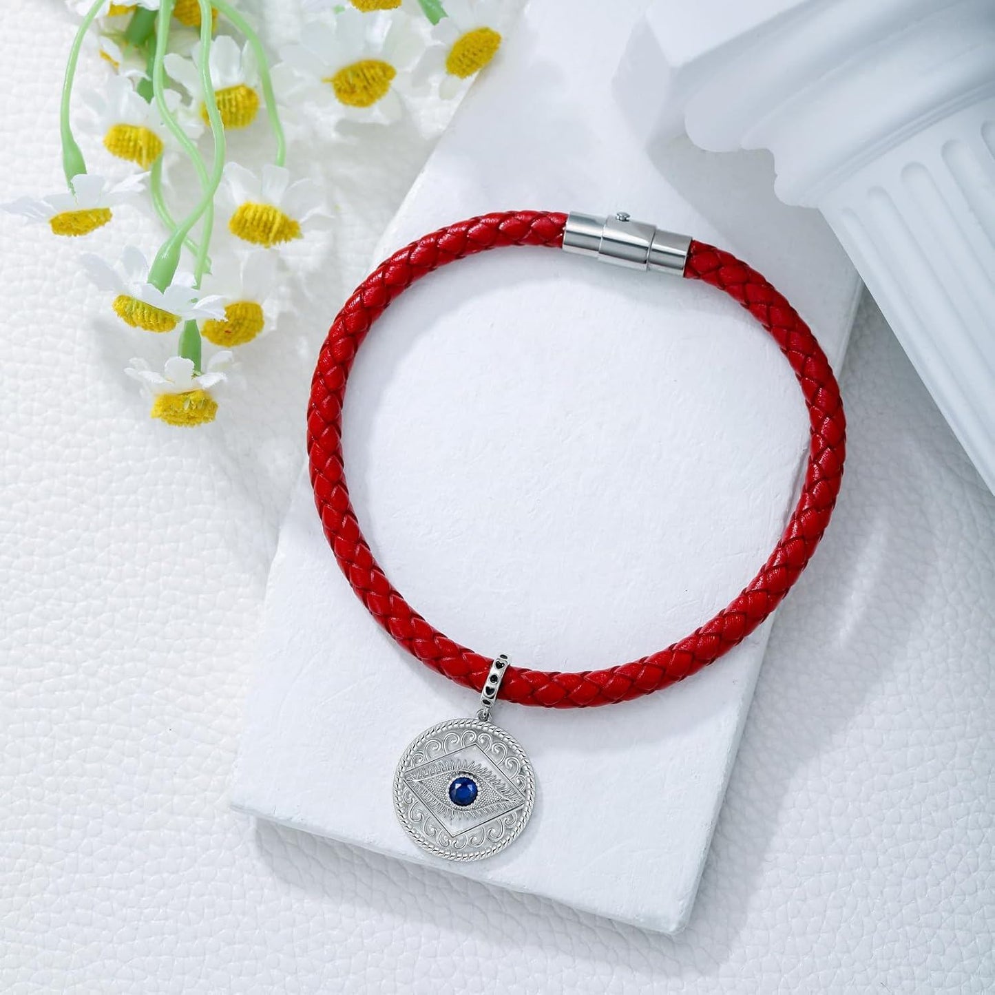 925 Sterling Silver Evil Eye Pendant Red Leather Bracelet With Blue Zircon