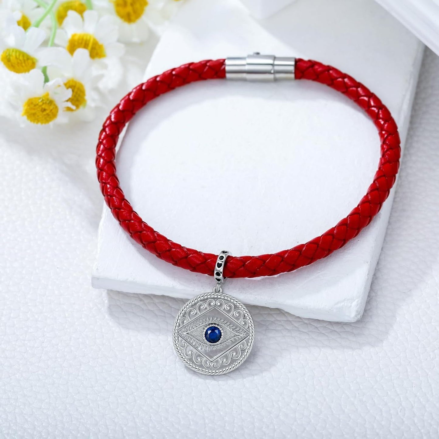 925 Sterling Silver Evil Eye Pendant Red Leather Bracelet With Blue Zircon