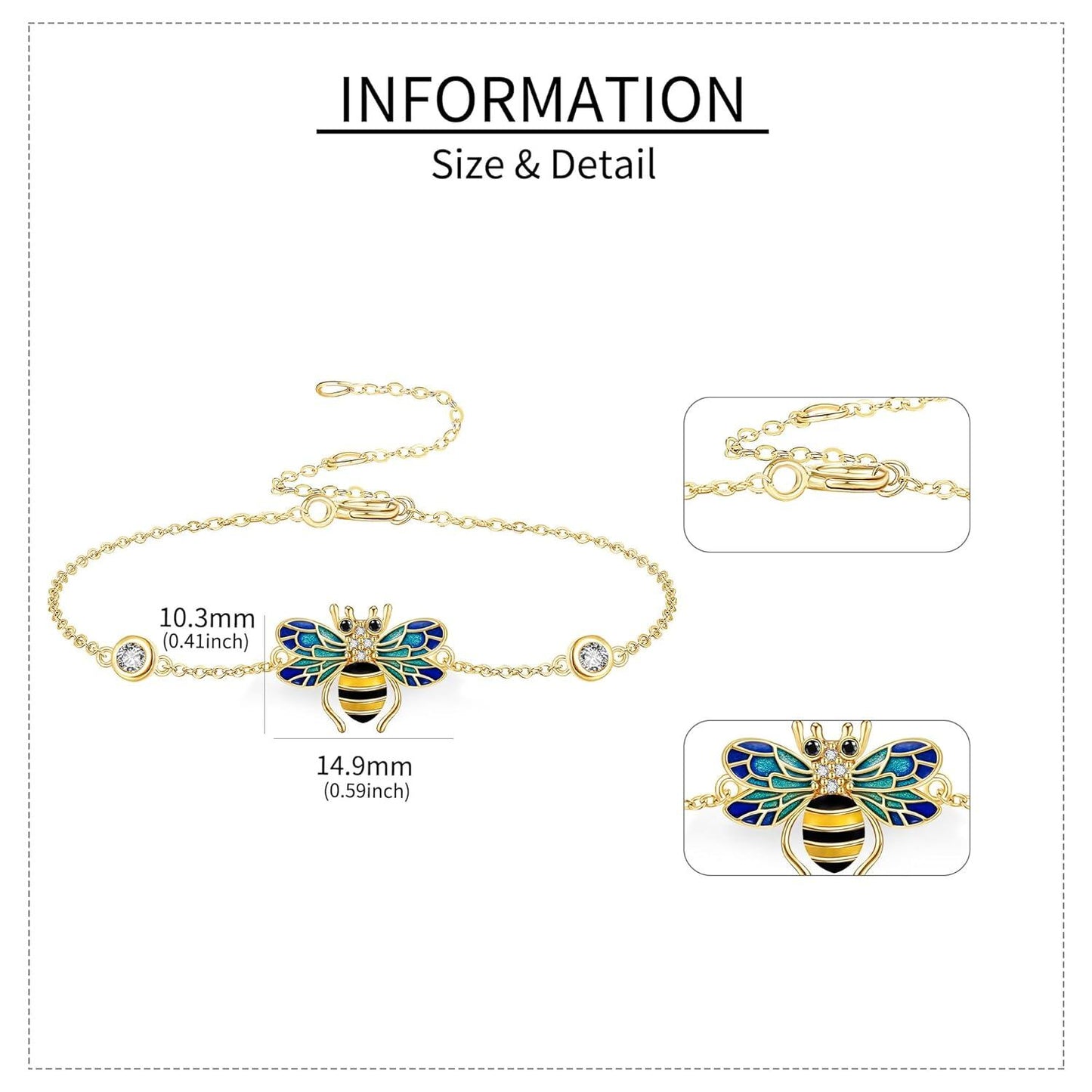 14k Gold Bee Bracelet With Blue Enamel Wings And Lab Diamond Accents