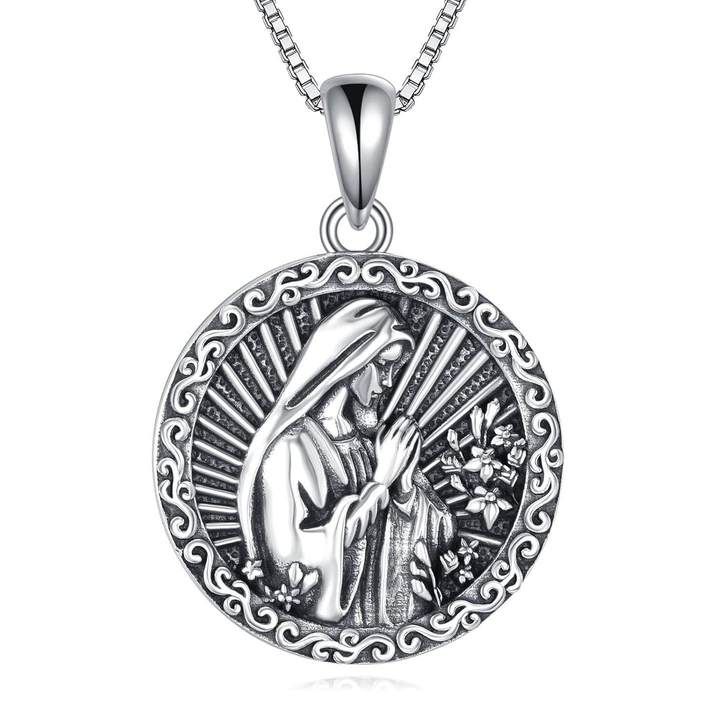 925 Sterling Silver Virgin Mary Pendant Necklace with Oxidized Finish – Elegant Religious Jewelry Gift