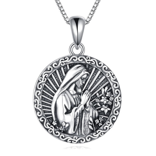 925 Sterling Silver Virgin Mary Pendant Necklace with Oxidized Finish – Elegant Religious Jewelry Gift