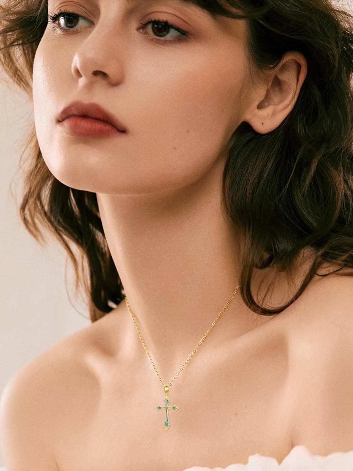 14K Gold Turquoise Inlay Cross Pendant Necklace