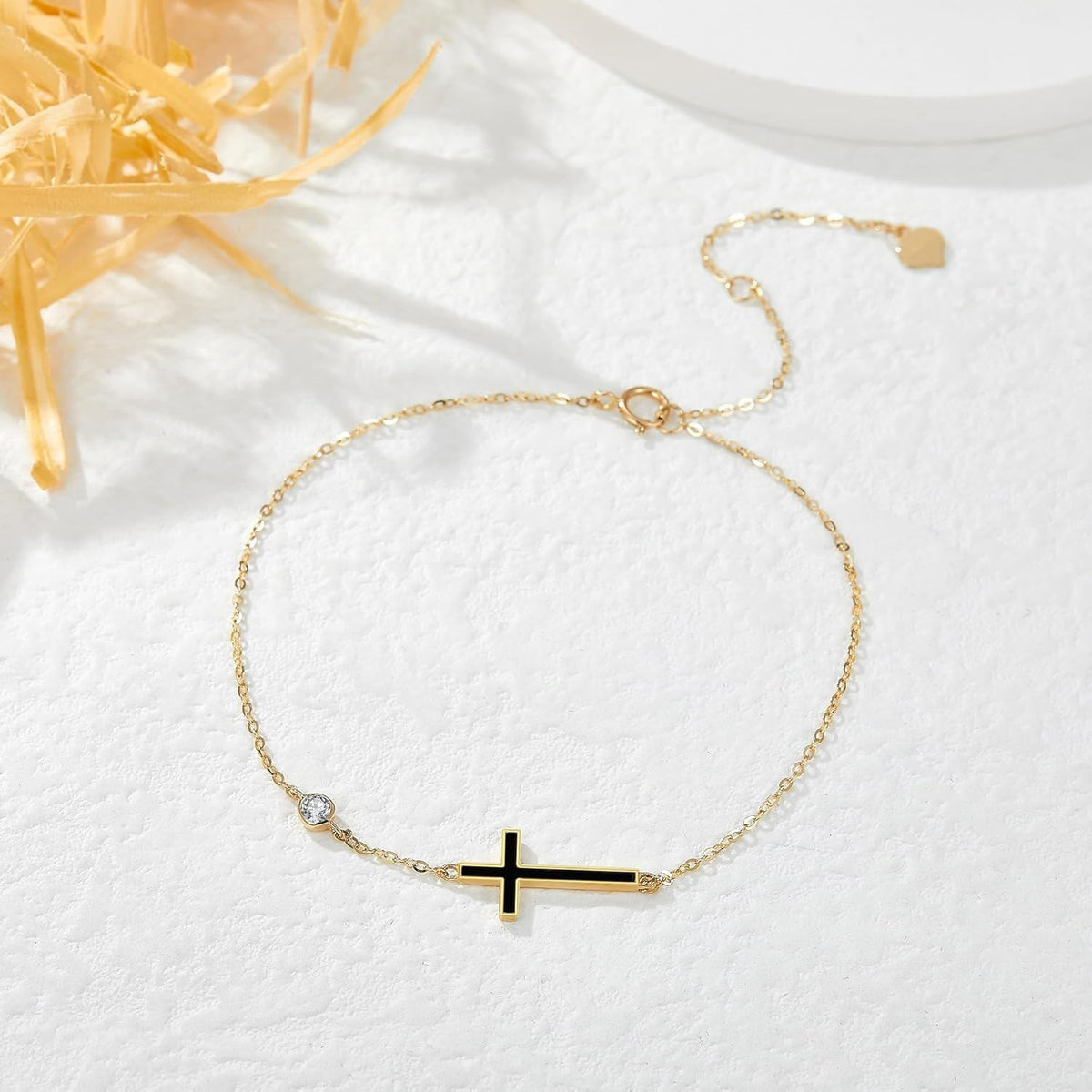 14k Gold Cross Bracelet With Black Enamel And Lab Diamond Accent