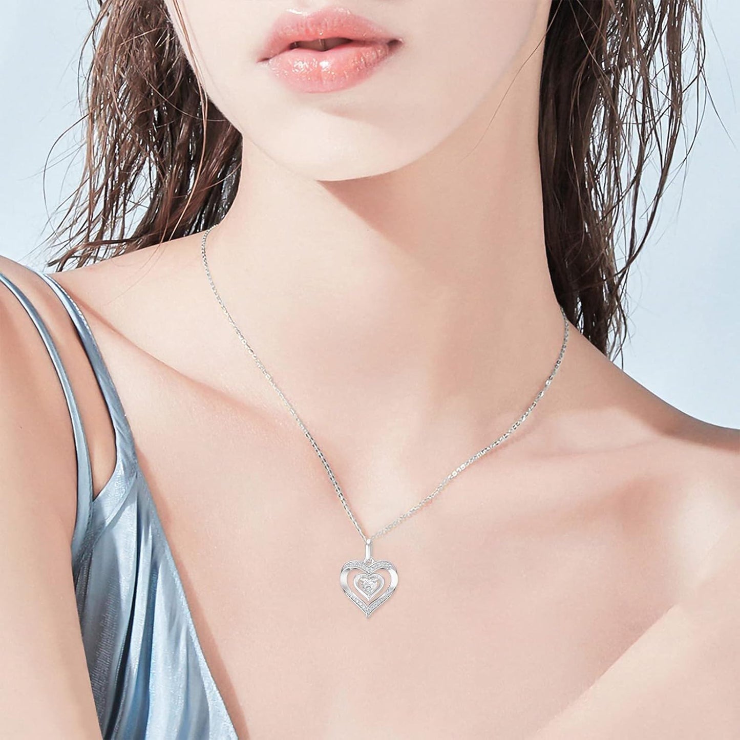 14K White Gold Diamond Double Heart Pendant