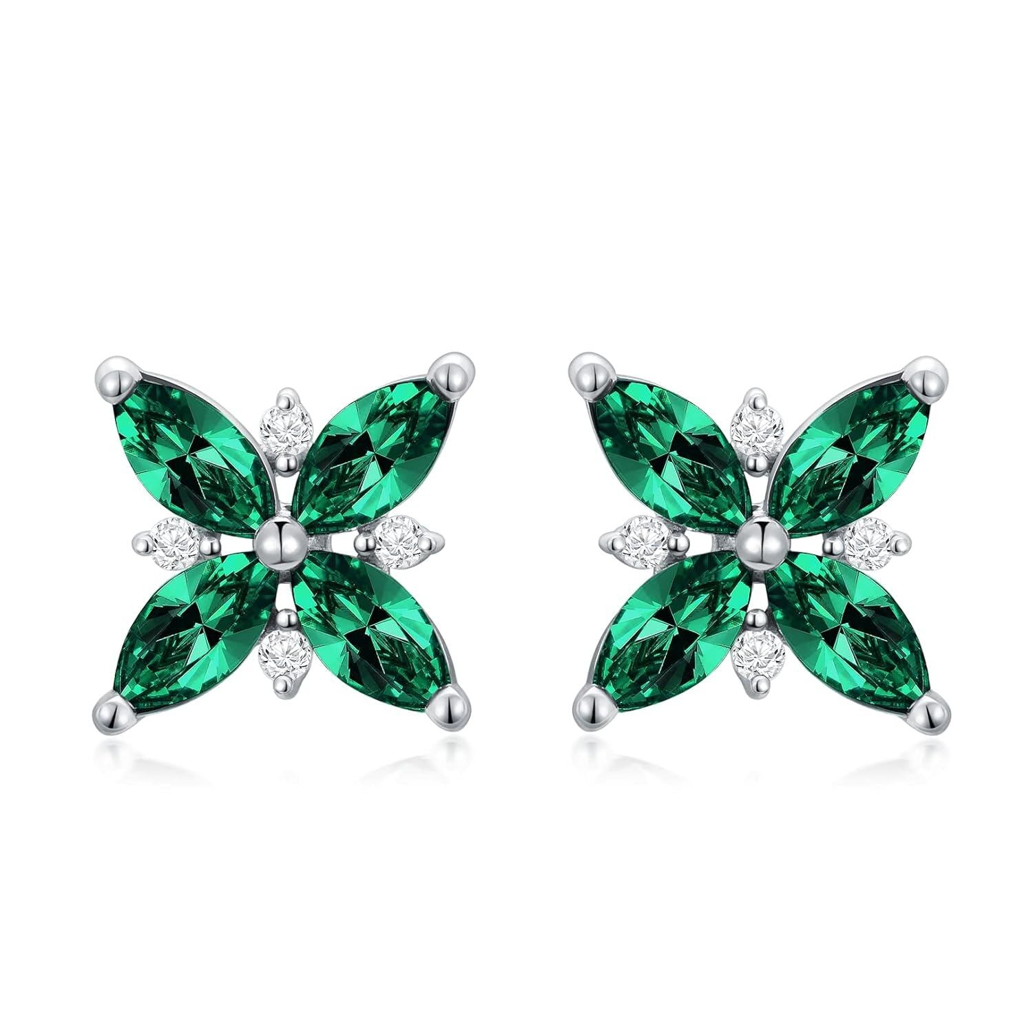 14K White Gold Emerald Stud Earrings with CZ