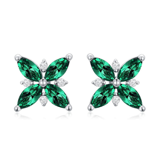 14K White Gold Emerald Stud Earrings with CZ