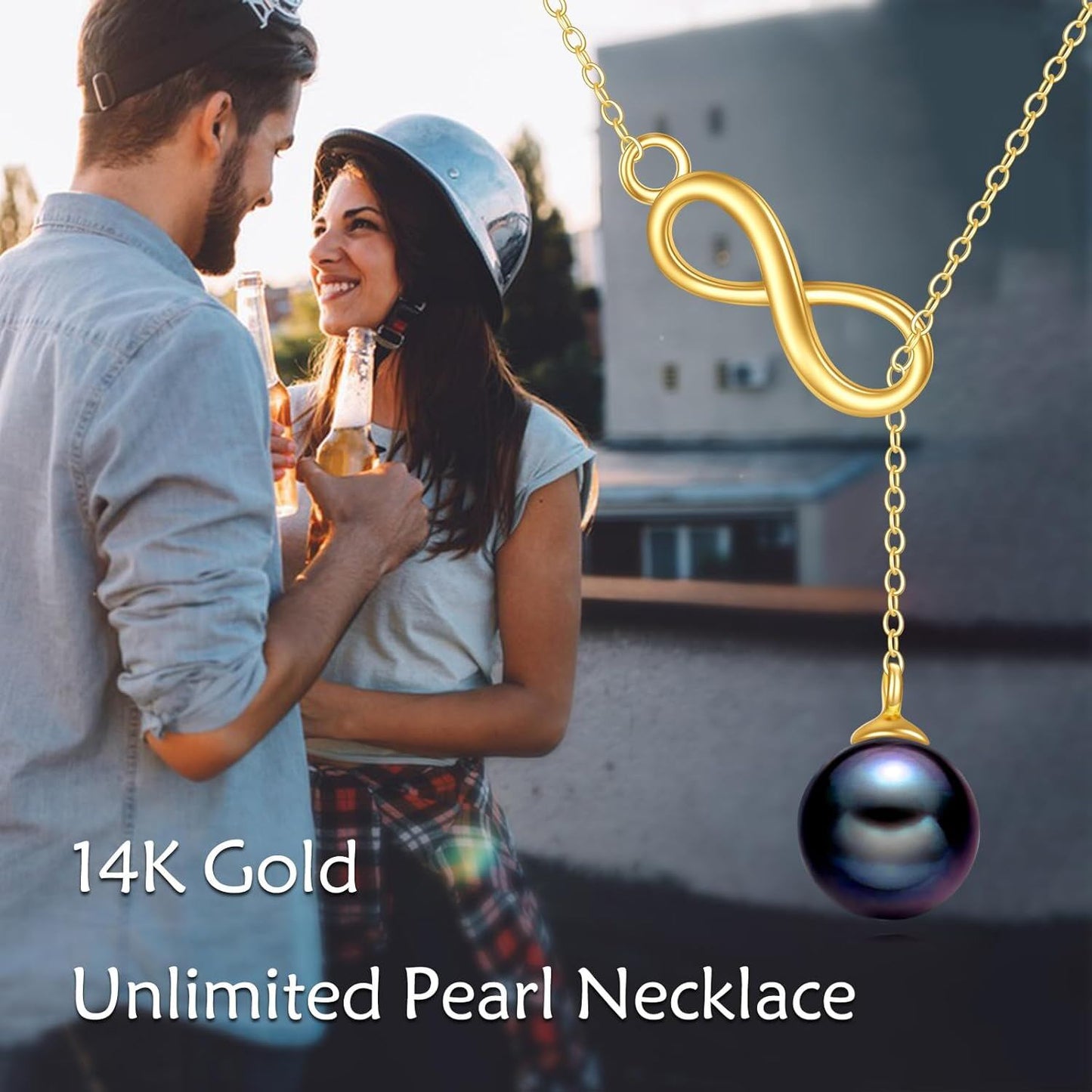 14K Gold Infinity Black Pearl Lariat Necklace
