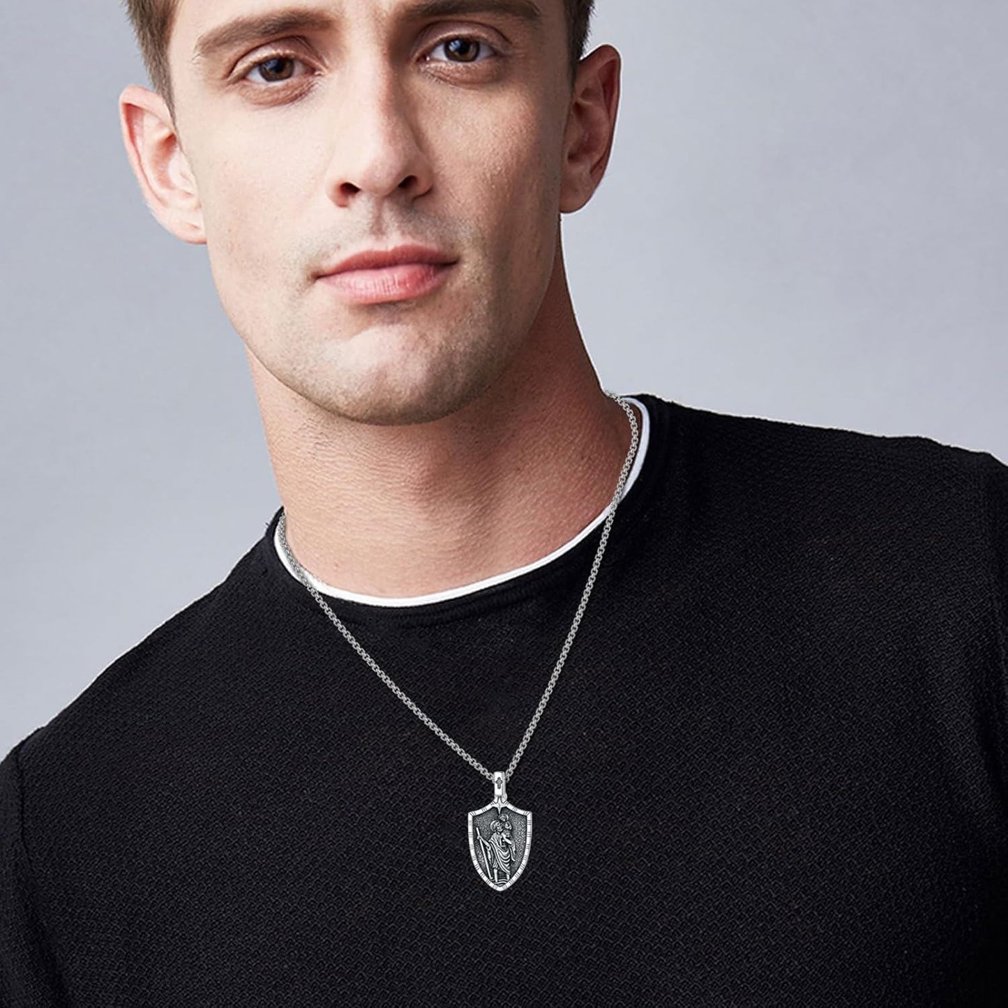 925 Sterling Silver St Christopher Shield Pendant Necklace