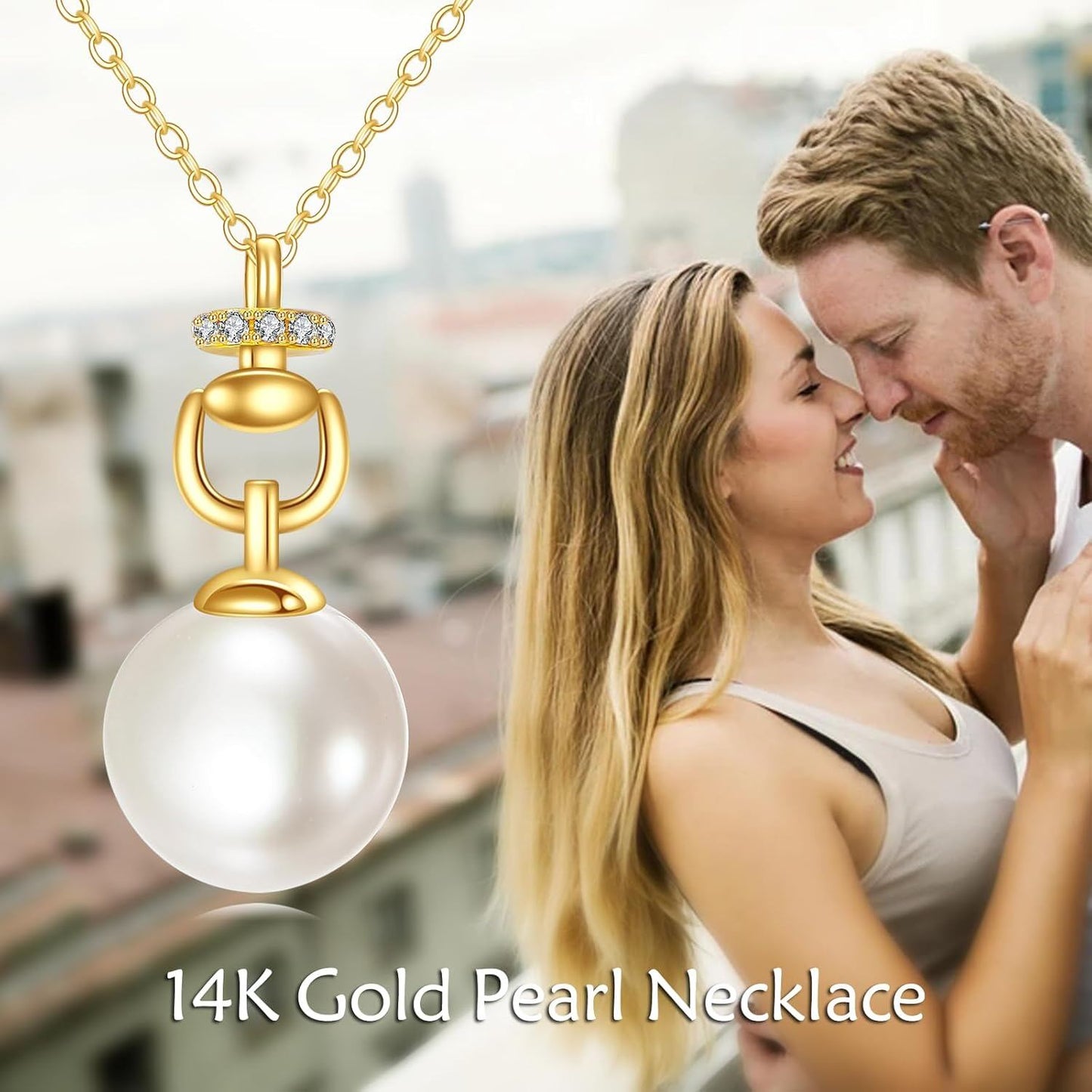 Collar de perlas blancas de oro de 14 quilates con circonitas cúbicas para mujer, elegante, fino