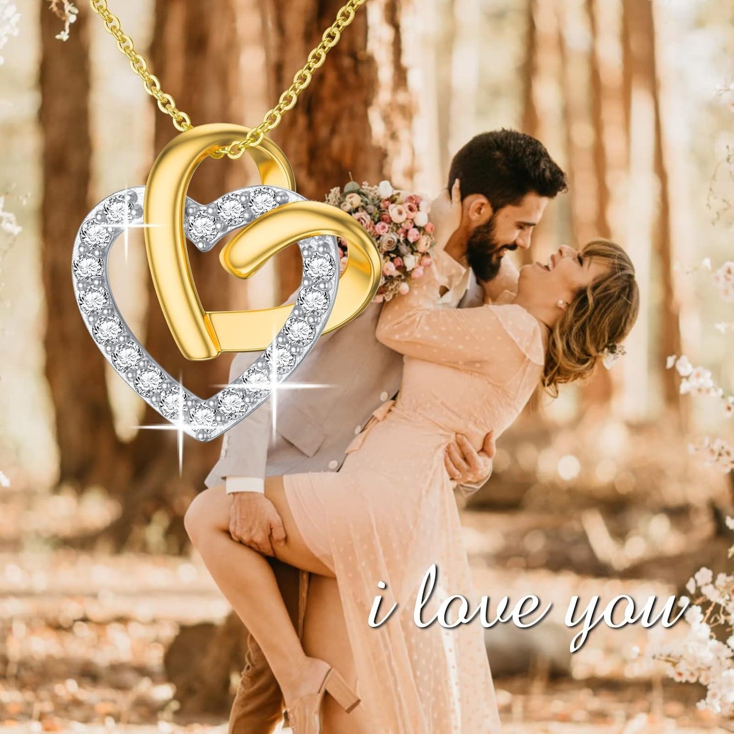18K Rose & White Gold Double Heart Diamond Pendant Necklaces