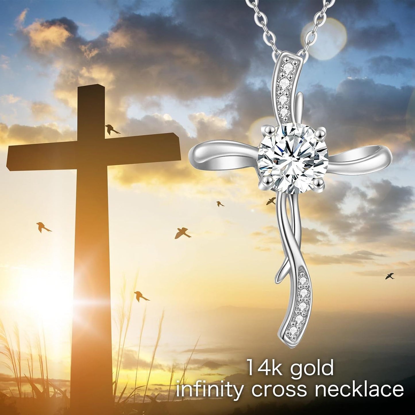 14K Gold Women's Cross Necklace with Cubic Zirconia
