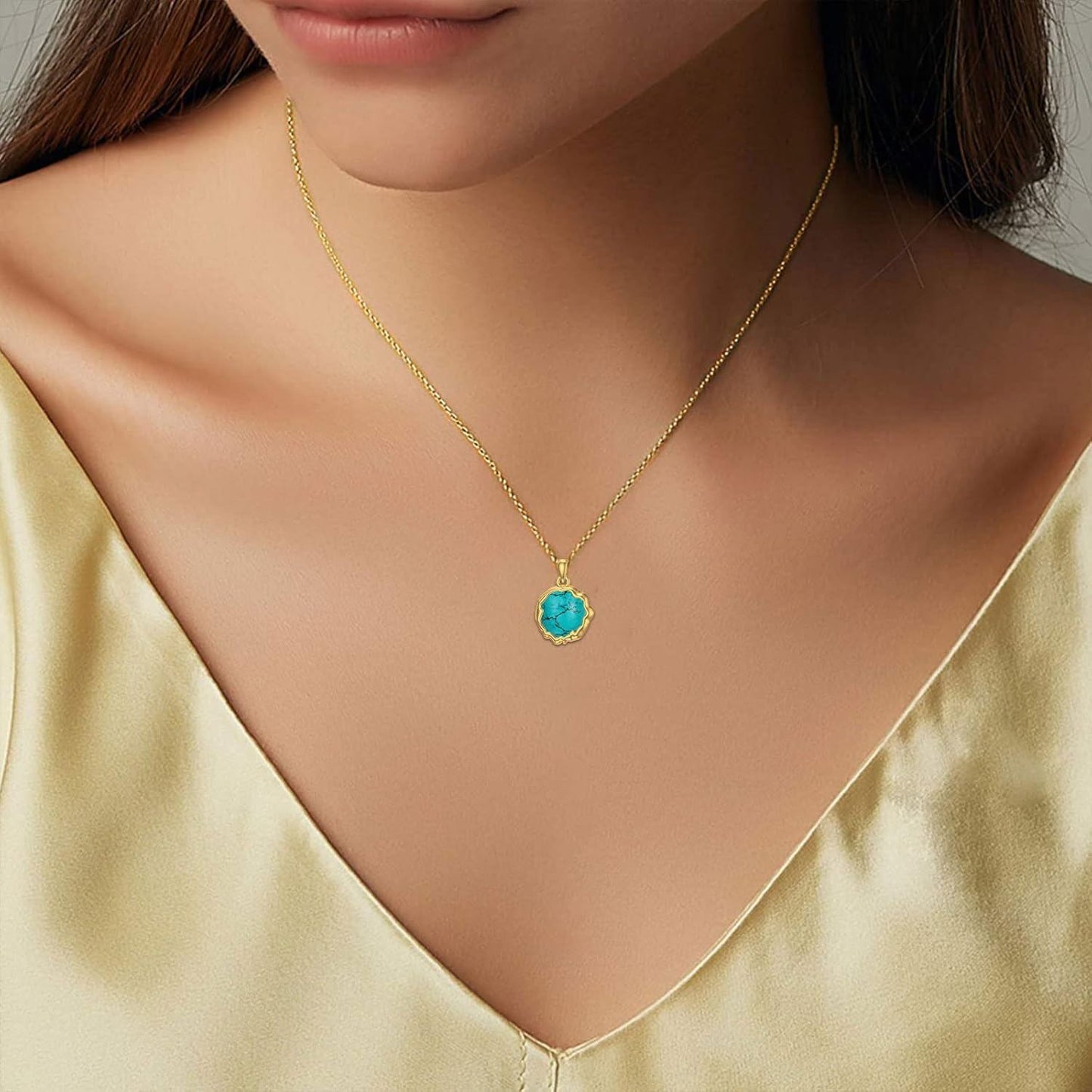 14K Gold Turquoise Pendant Necklace 14 To 16 Inch Chain